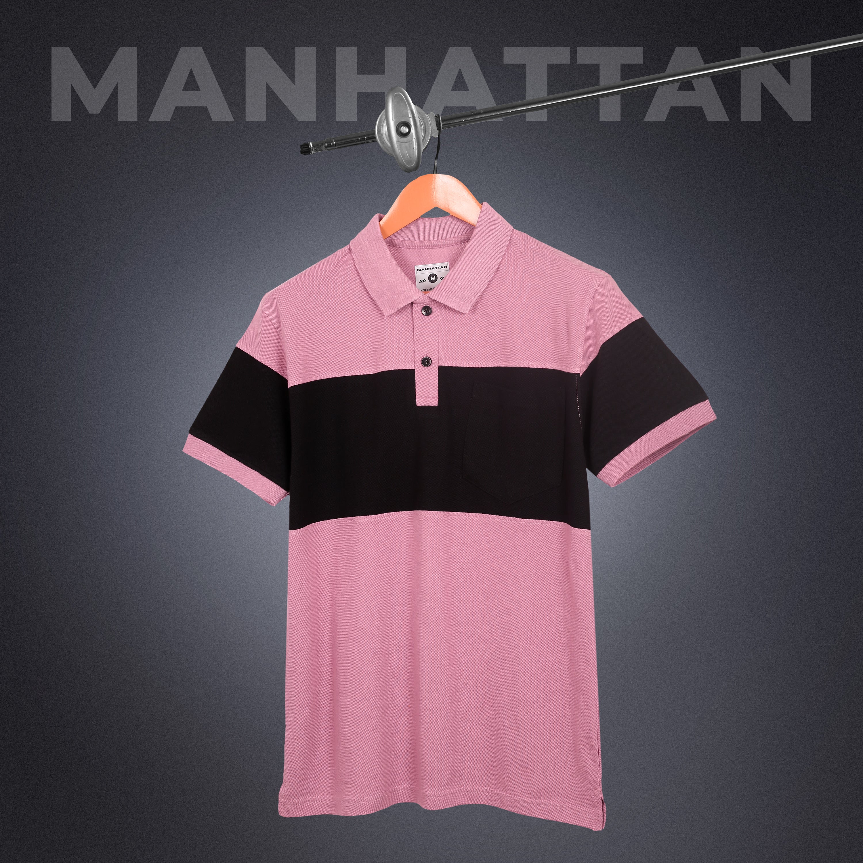 Pure Cotton Polo Pocket T shirts (Bubble Gum Pink/Black) Cut & Sew - Image 3