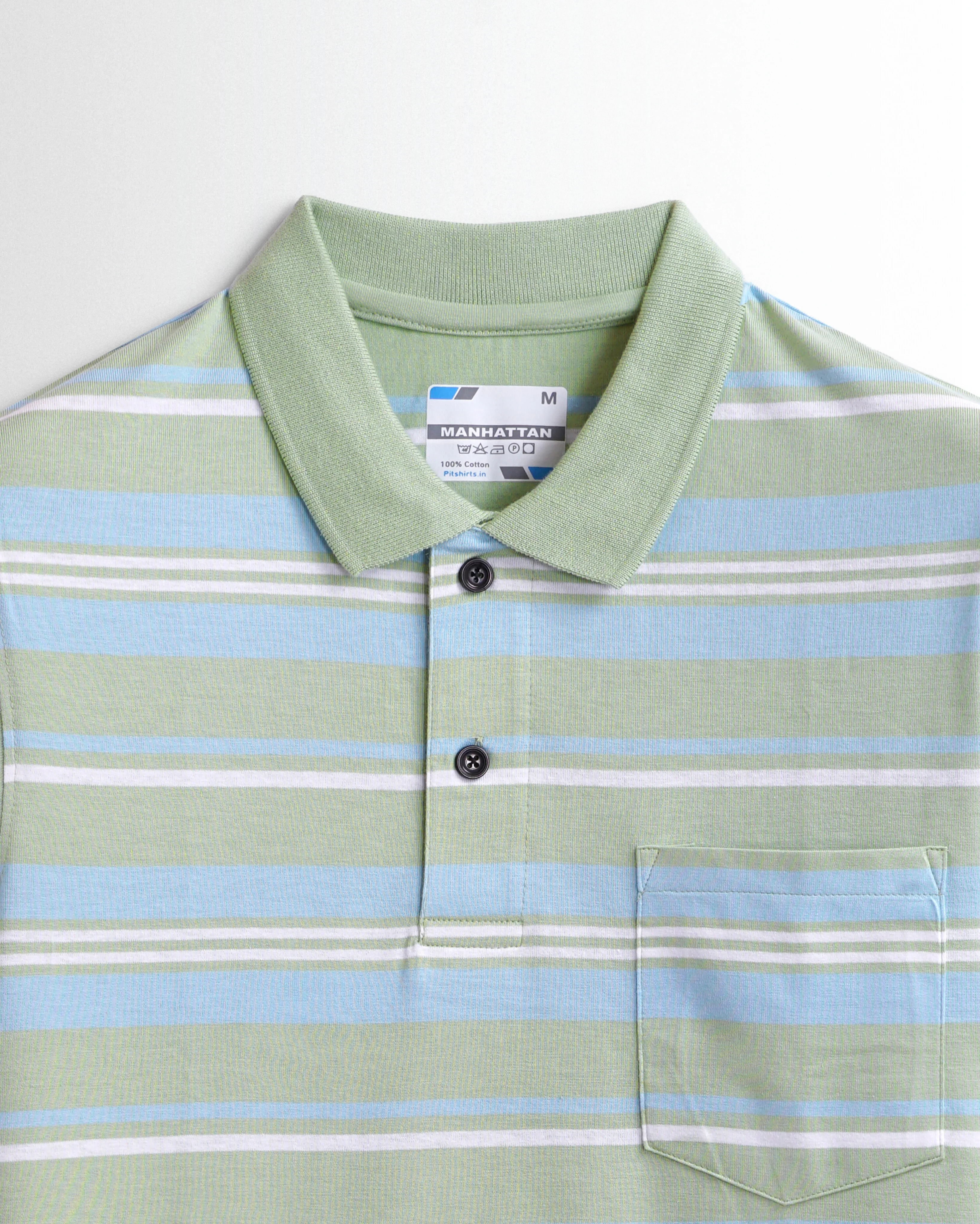 Premium Cotton Multi Striped Polo Pocket (Green/Blue/White Stripes) - Image 2