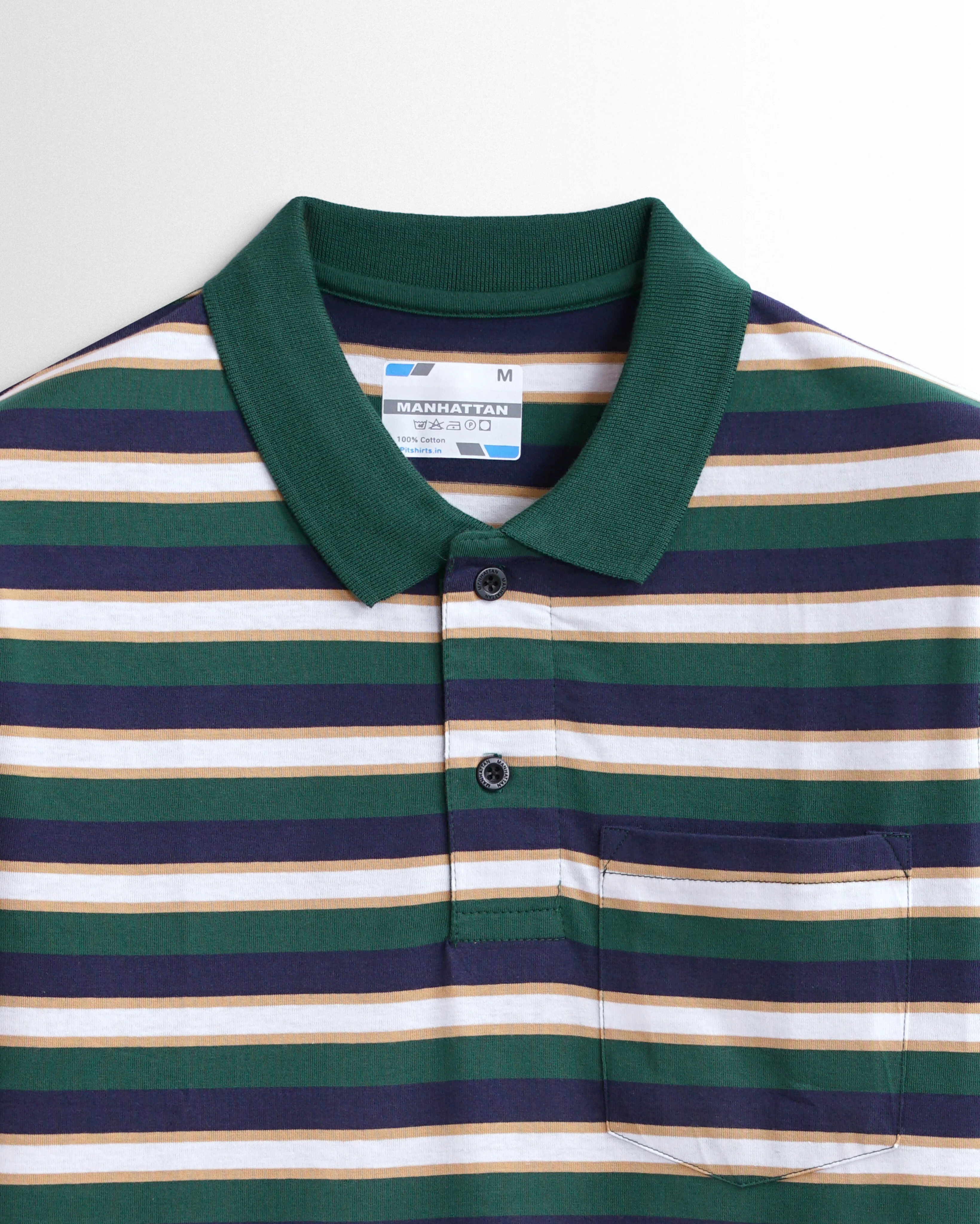 Premium Cotton Multi Striped Polo Pocket (Green/Navy/Beach Stripes) - Image 2