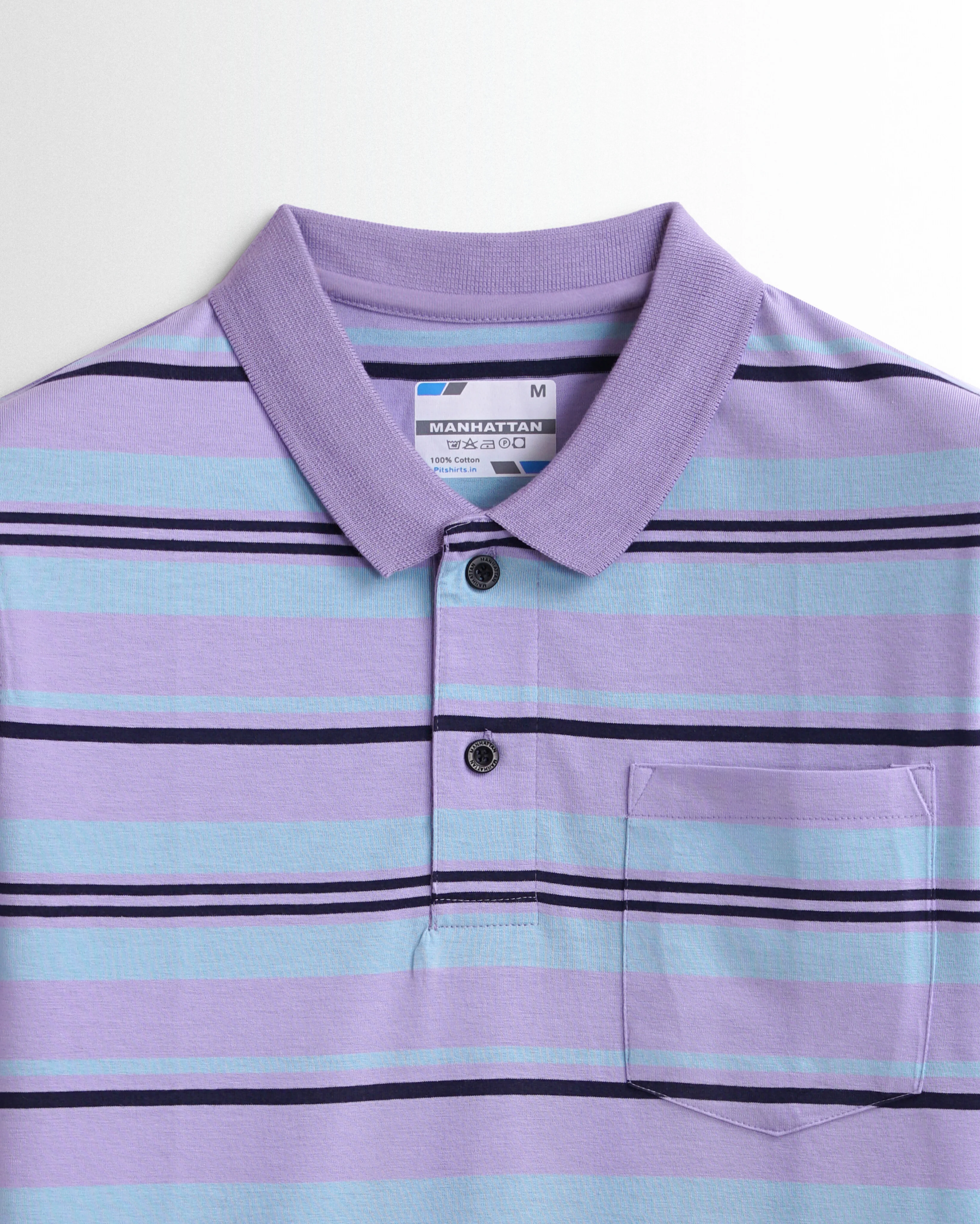 Premium Cotton Multi Striped Polo Pocket (Violet/Sky Blue/Navy Stripes) - Image 2