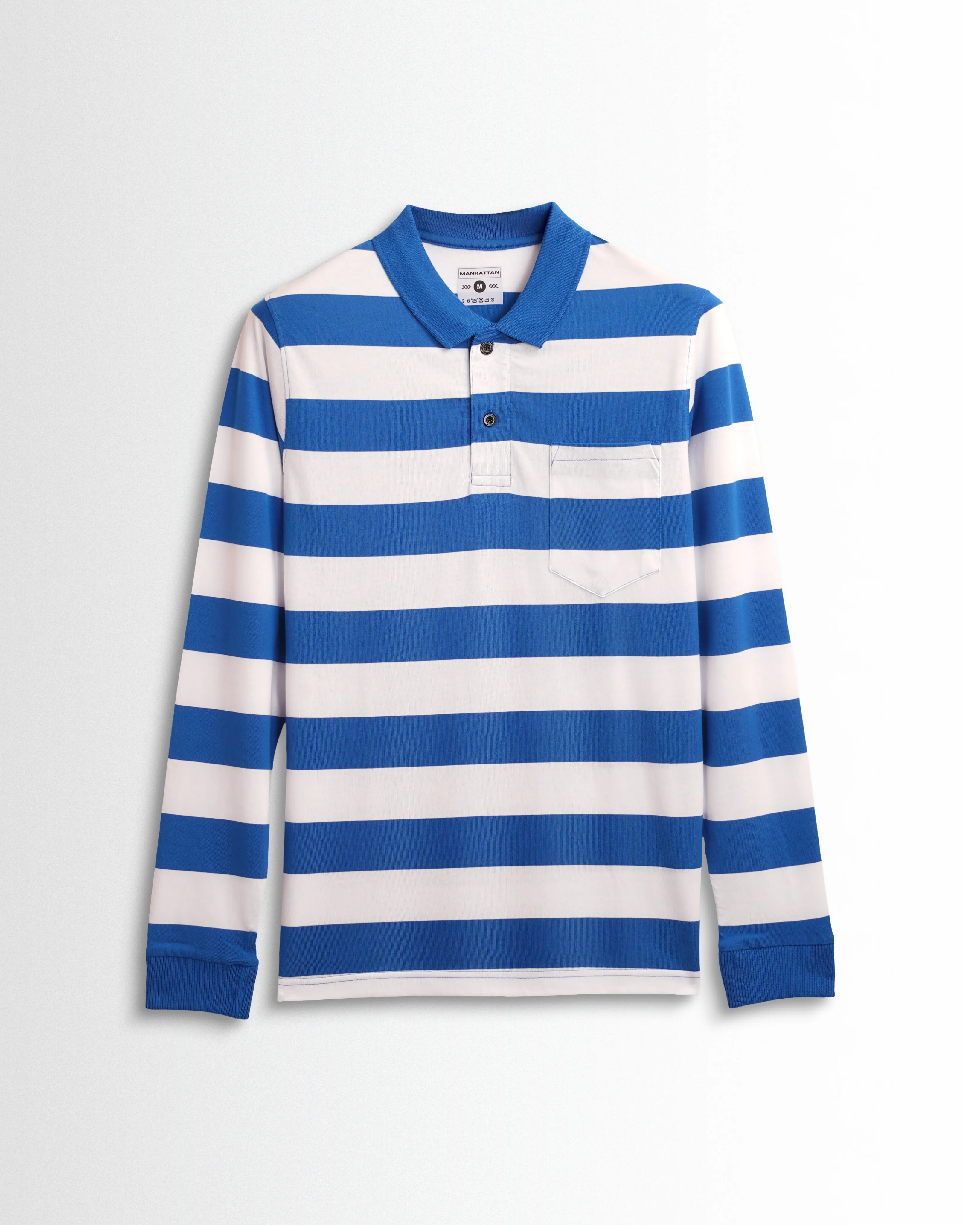Premium Cotton Striped Polo Pocket (White/Blue Stripes) Full Sleeve