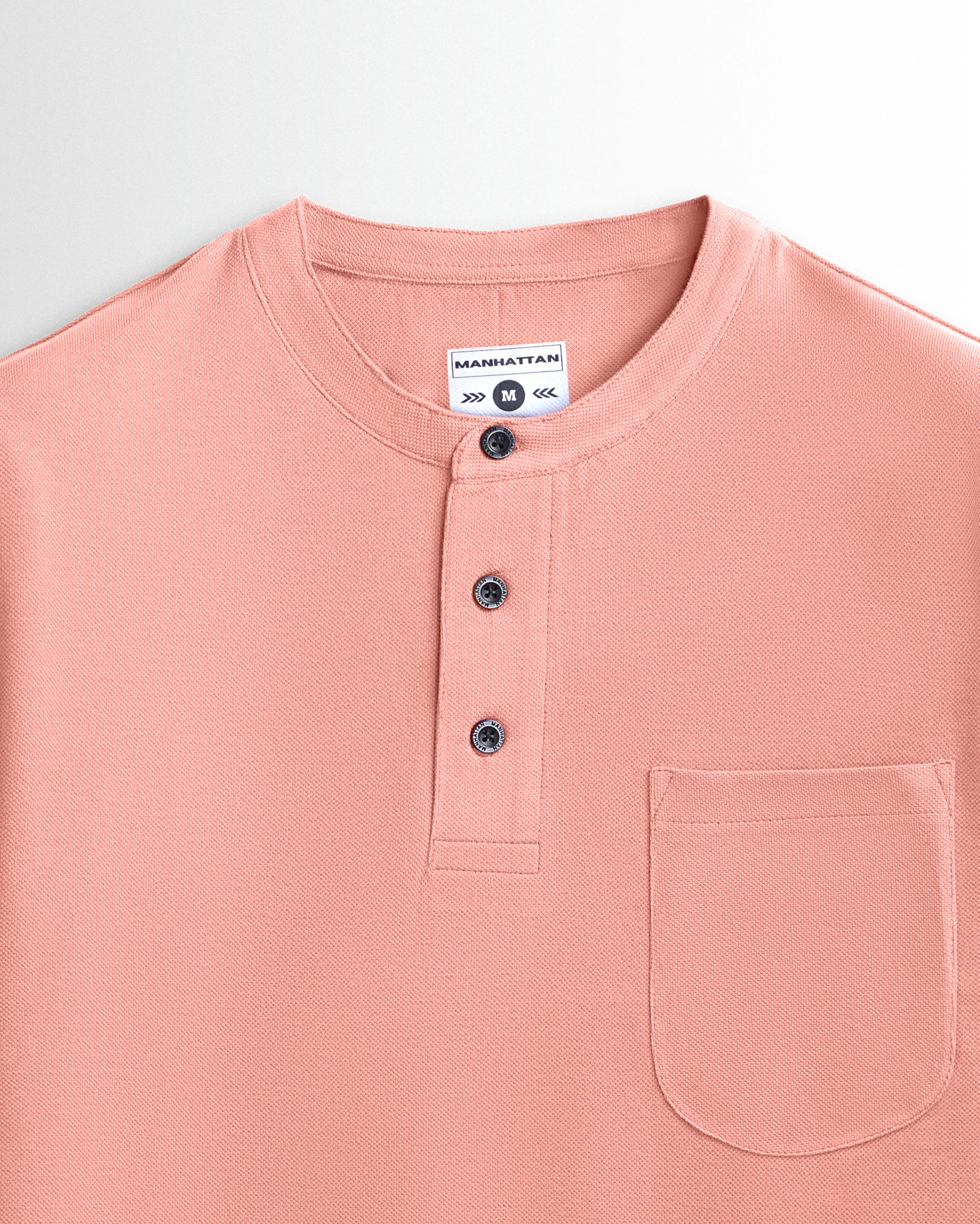 Pure Cotton Henley Pocket T Shirts (Light Orange) - Image 2