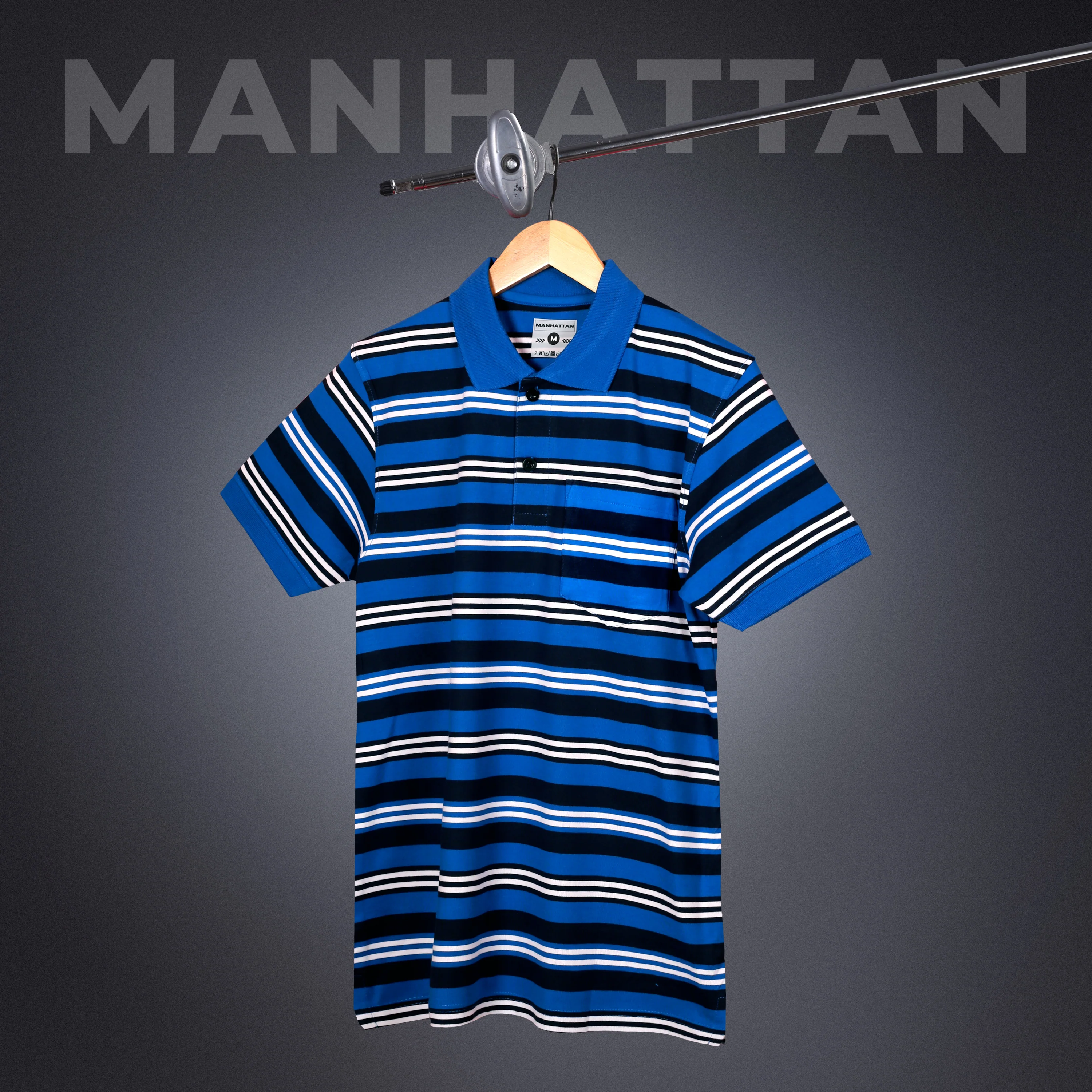 Premium Cotton Multi Striped Polo Pocket (Blue/Navy/White Stripes) - Image 7