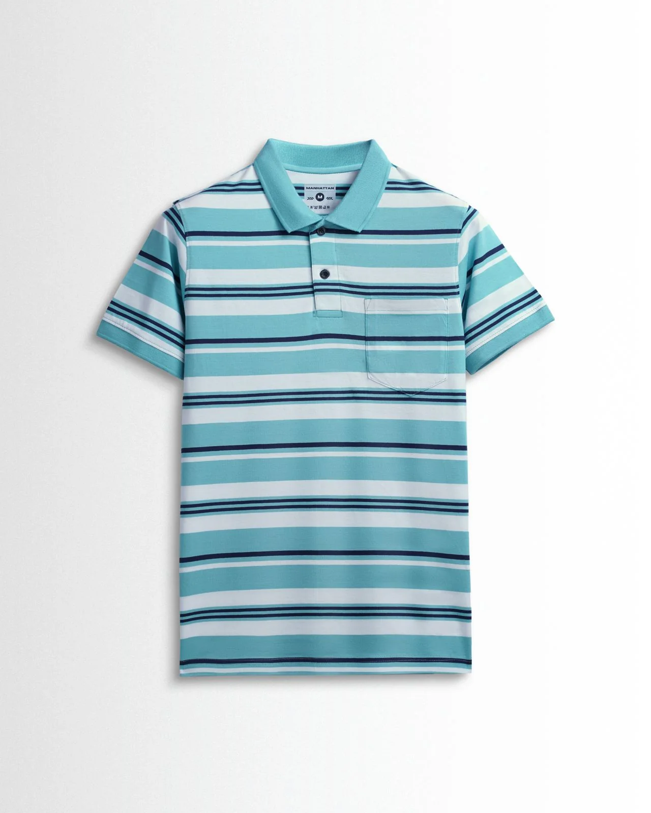 Premium Cotton Multi Striped Polo Pocket (Marine Blue/Navy/White Stripes)