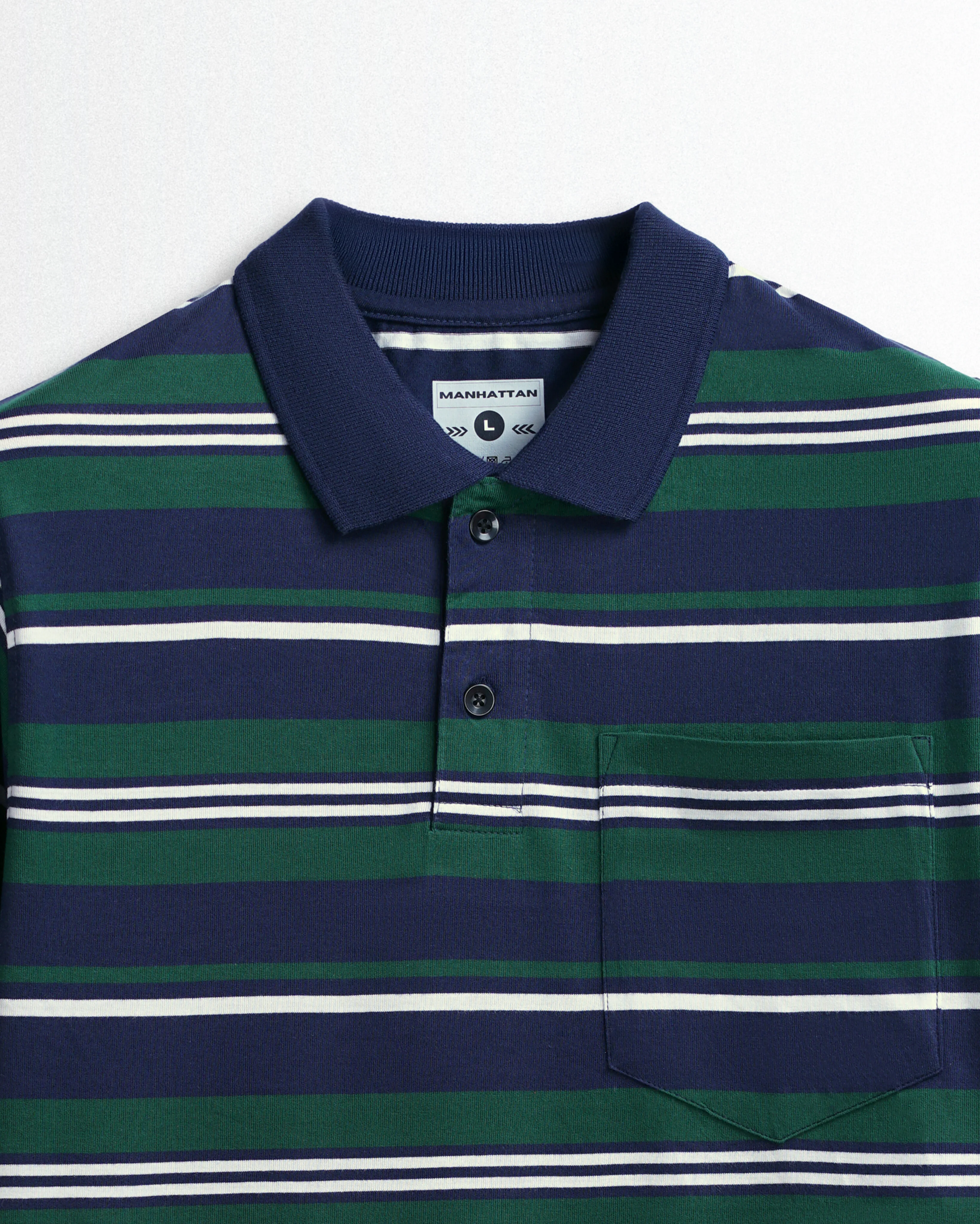 Premium Cotton Multi Striped Polo Pocket (Navy/Green/White Stripes) - Image 2