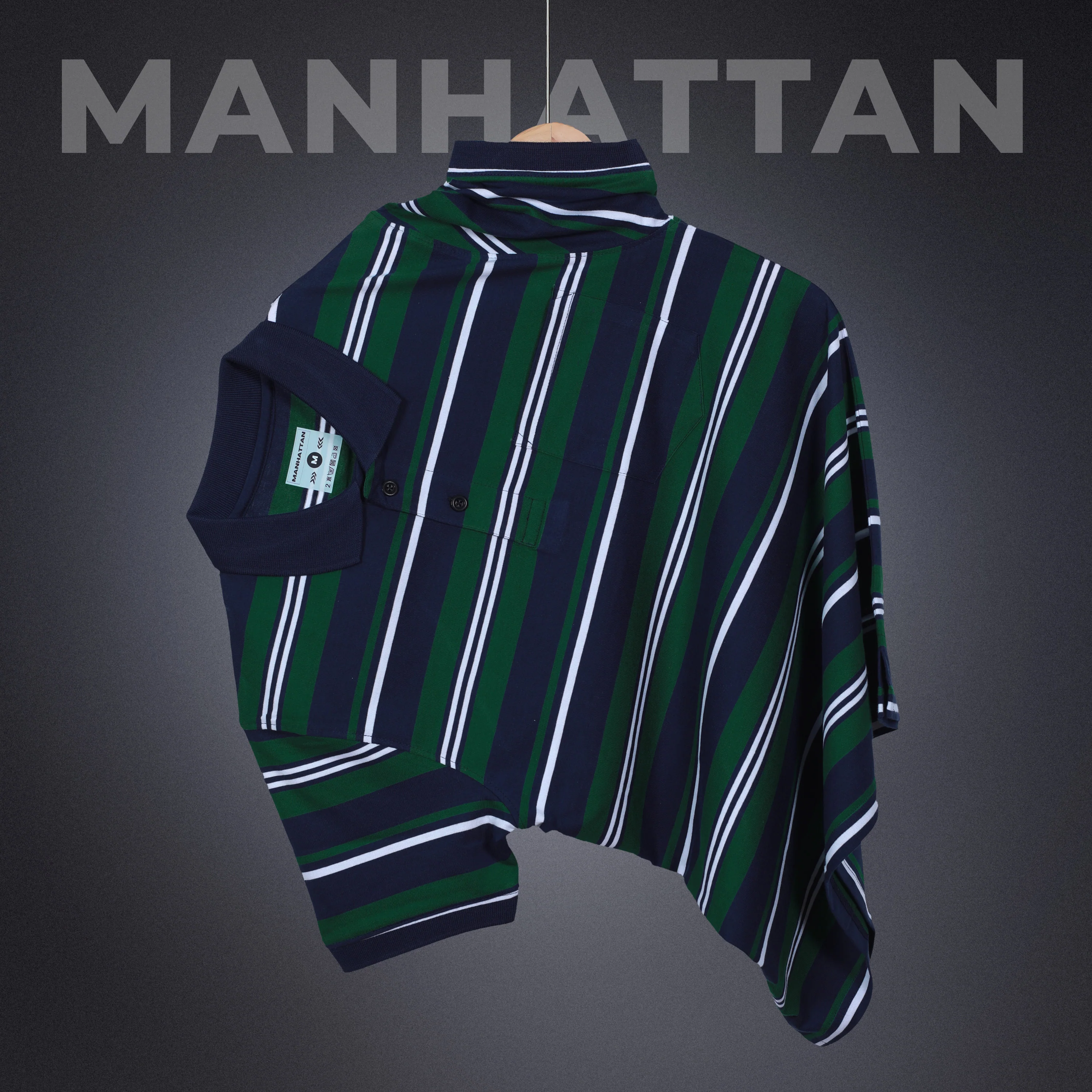 Premium Cotton Multi Striped Polo Pocket (Navy/Green/White Stripes) - Image 3