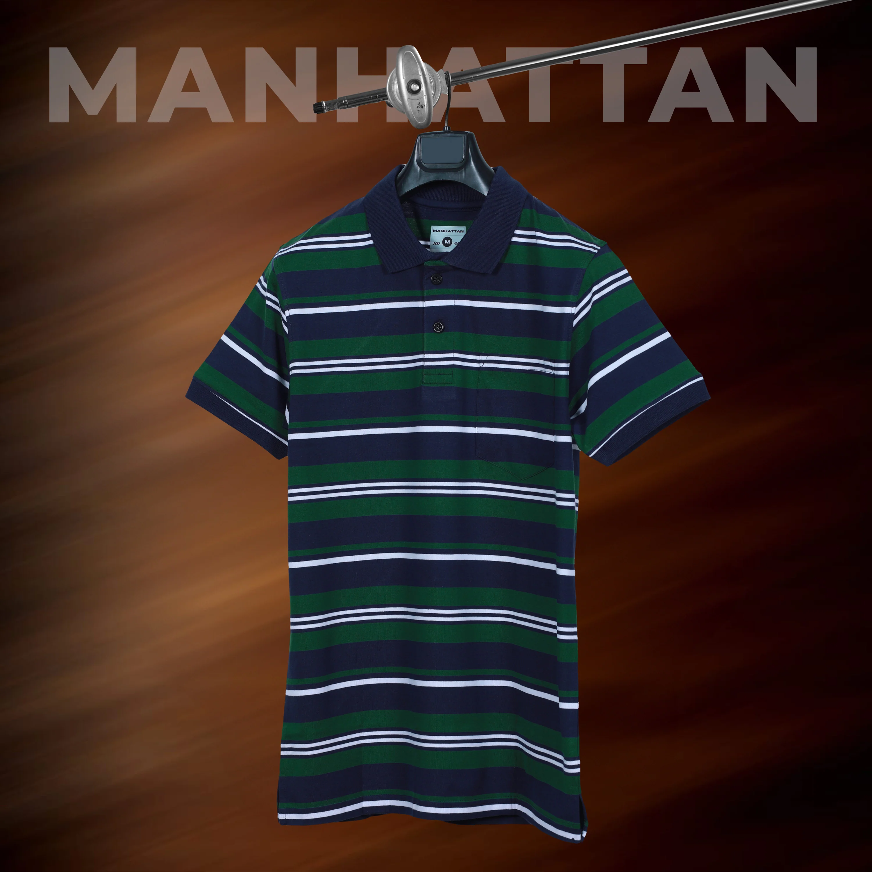 Premium Cotton Multi Striped Polo Pocket (Navy/Green/White Stripes) - Image 4