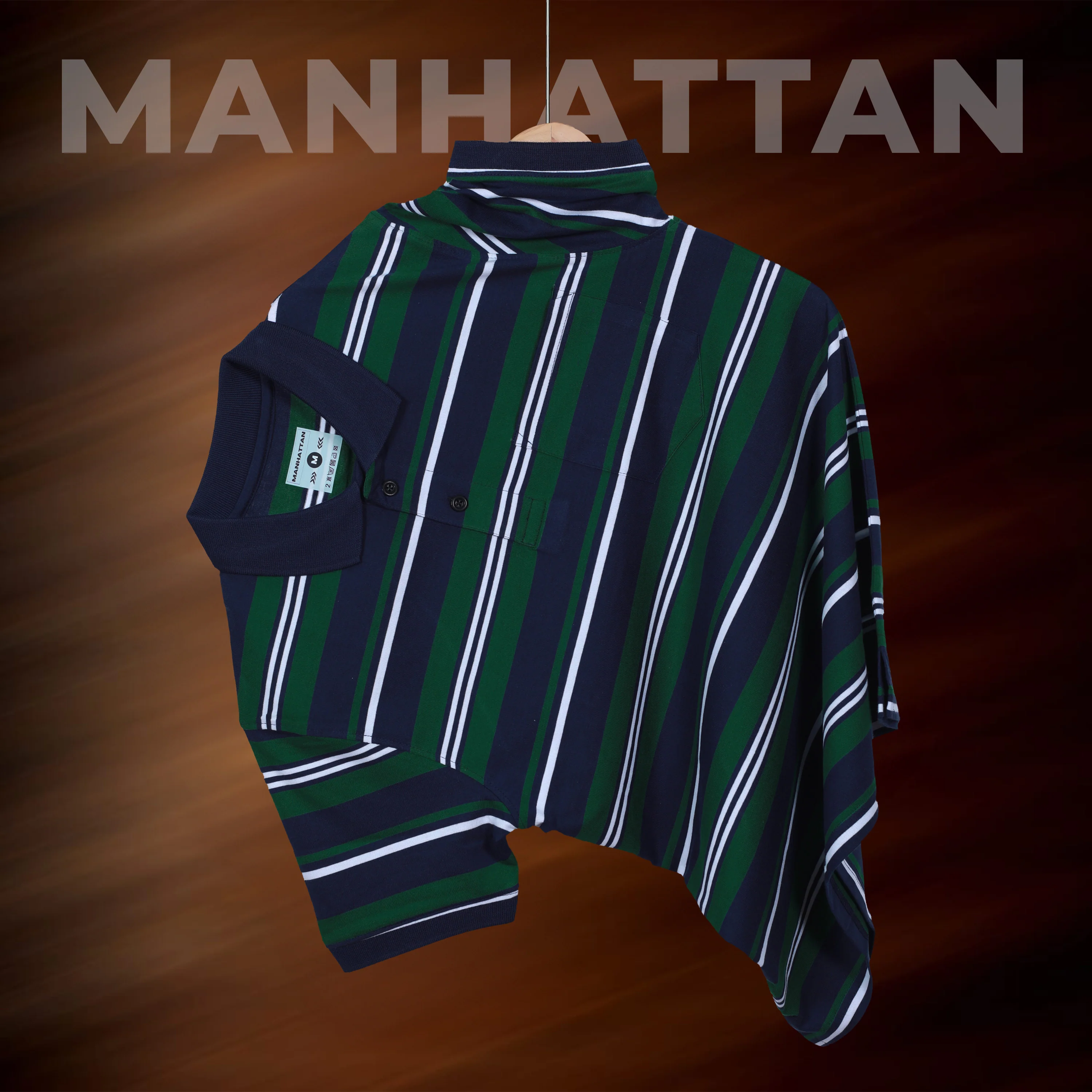 Premium Cotton Multi Striped Polo Pocket (Navy/Green/White Stripes) - Image 5