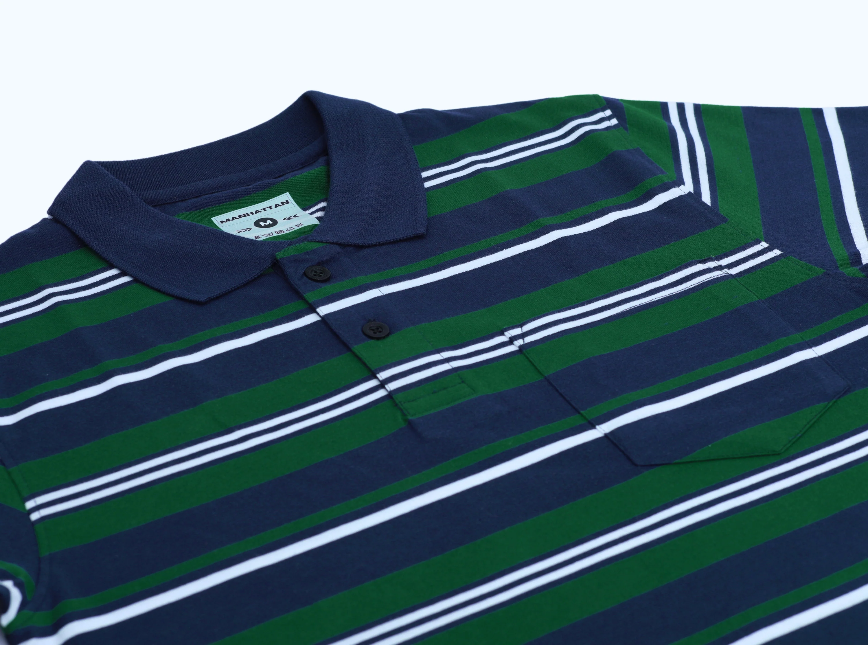 Premium Cotton Multi Striped Polo Pocket (Navy/Green/White Stripes) - Image 7