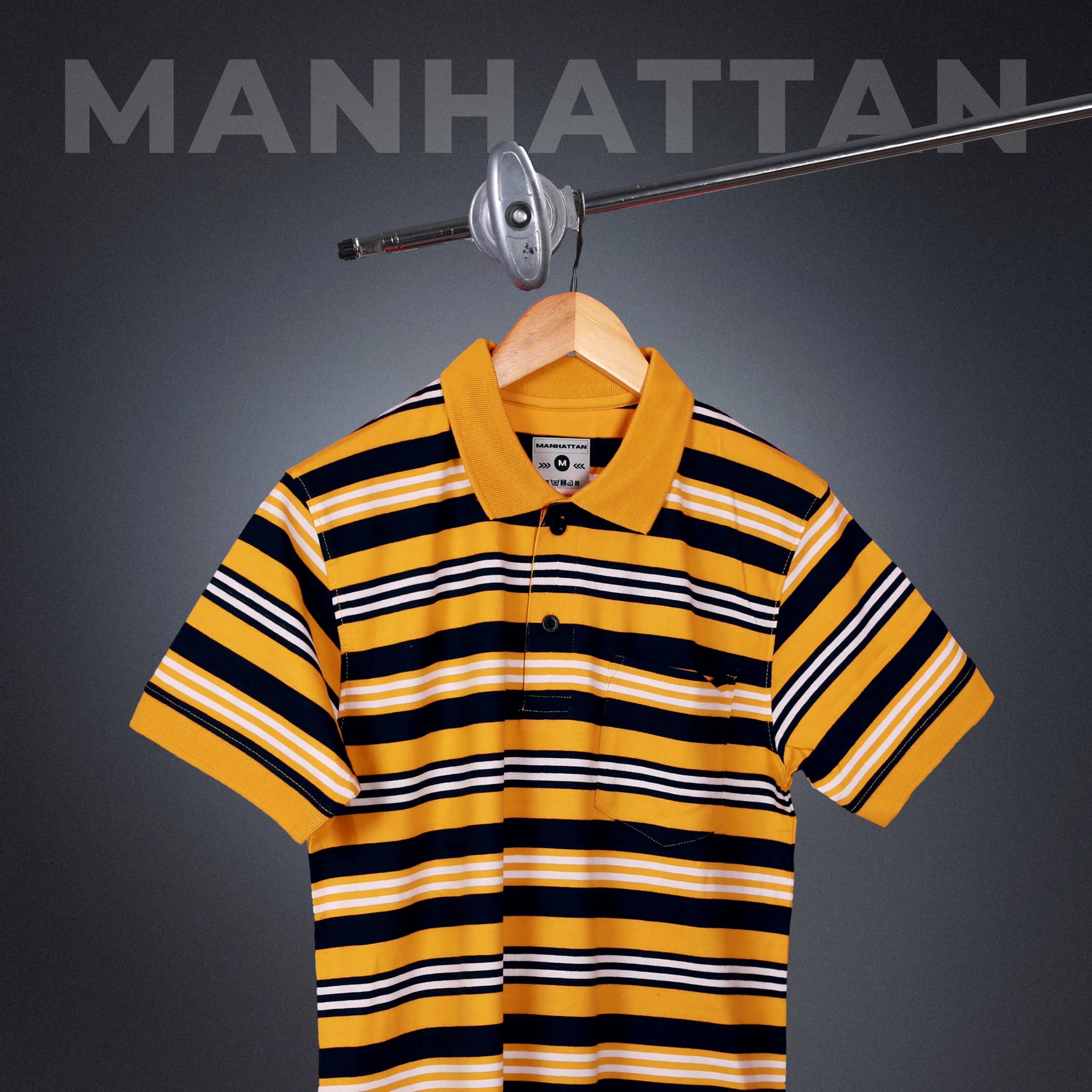 Premium Cotton Multi Striped Polo Pocket (Yellow/Navy/White Stripes) - Image 5