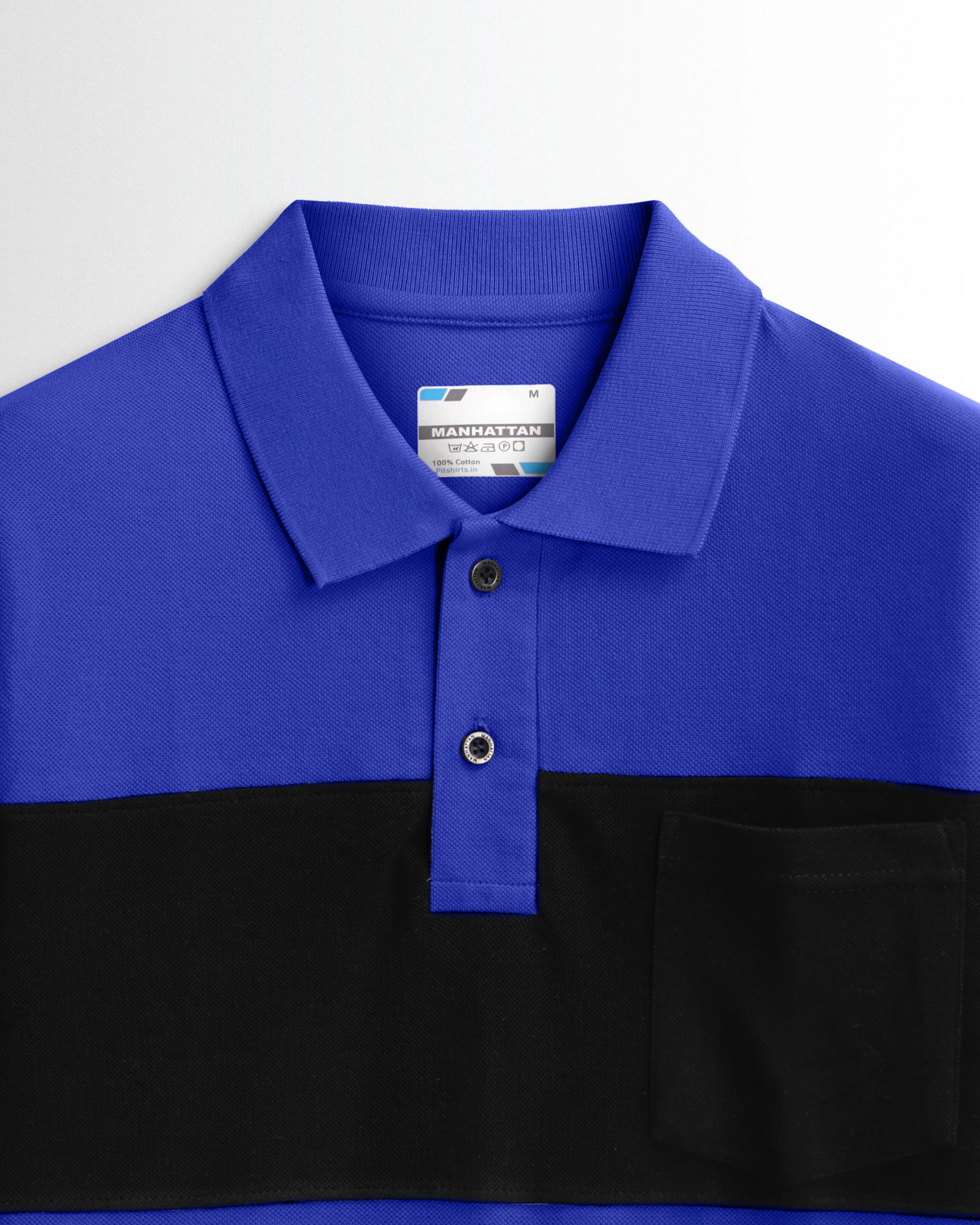 Pure Cotton Polo Pocket T shirts (Azure Blue/Black) Cut & Sew - Image 2