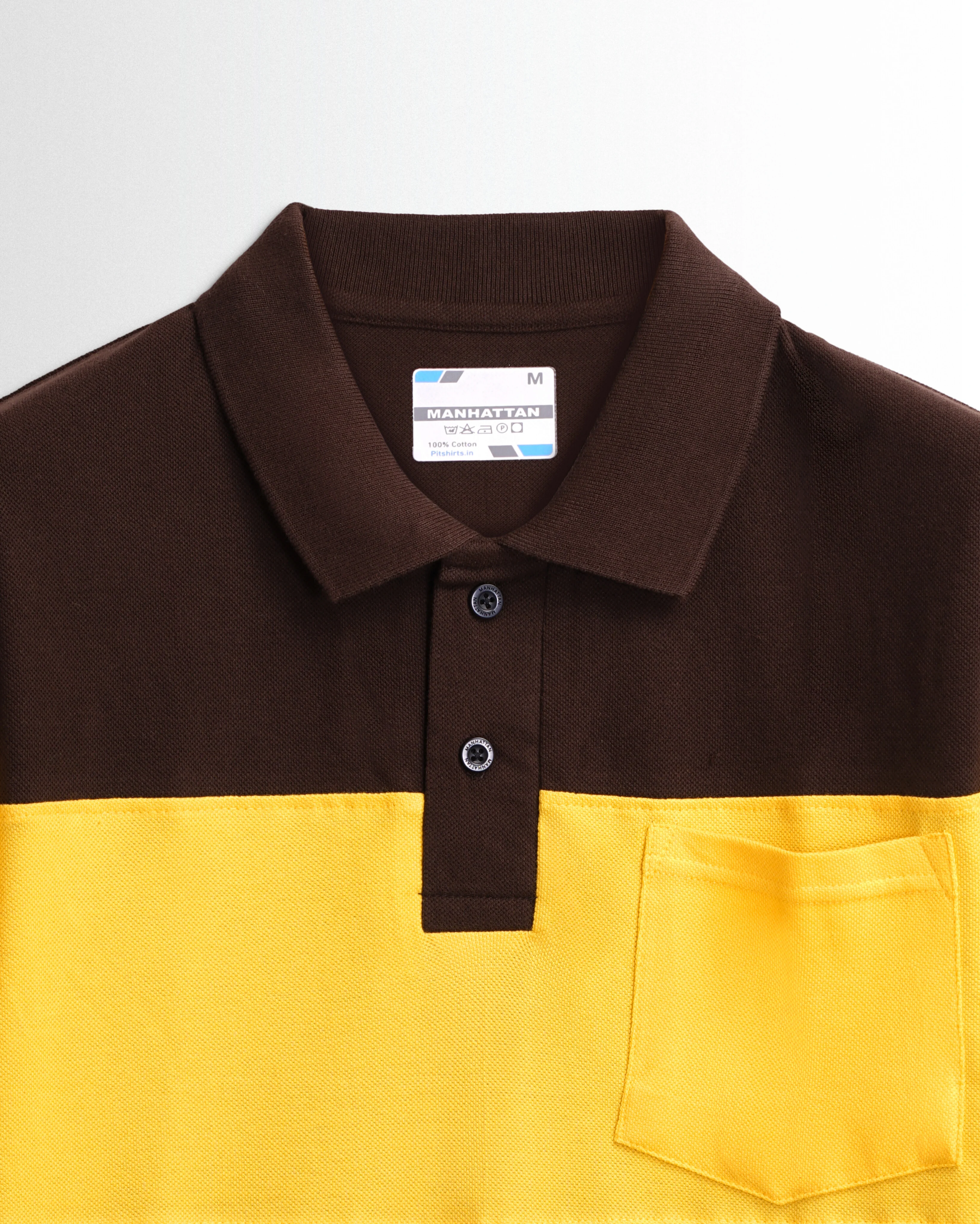 Pure Cotton Polo Pocket T shirts (Coffee Brown/ Yellow) Cut & Sew - Image 2