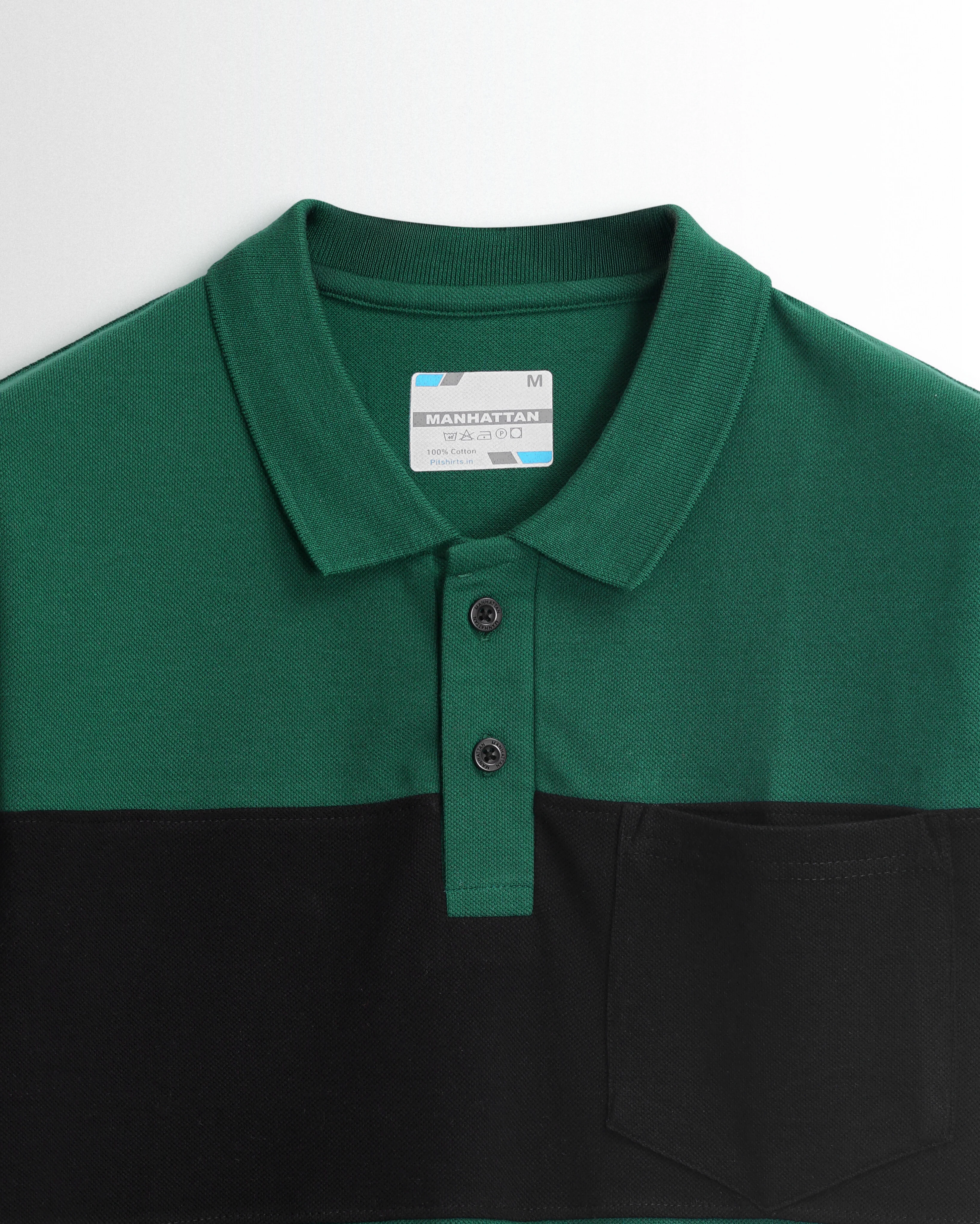 Pure Cotton Polo Pocket T shirts (Forest Green/Black) Cut & Sew - Image 2