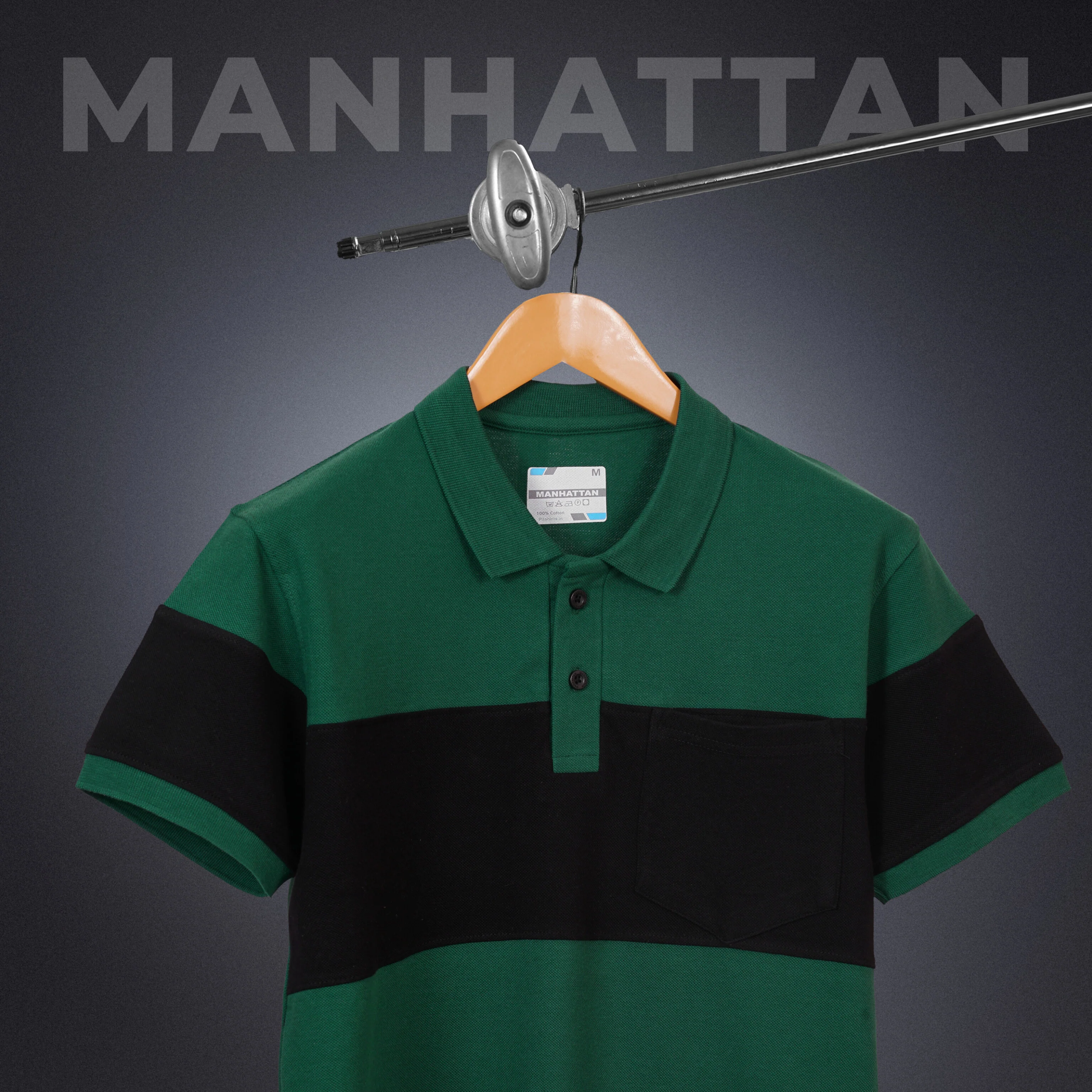 Pure Cotton Polo Pocket T shirts (Forest Green/Black) Cut & Sew - Image 3