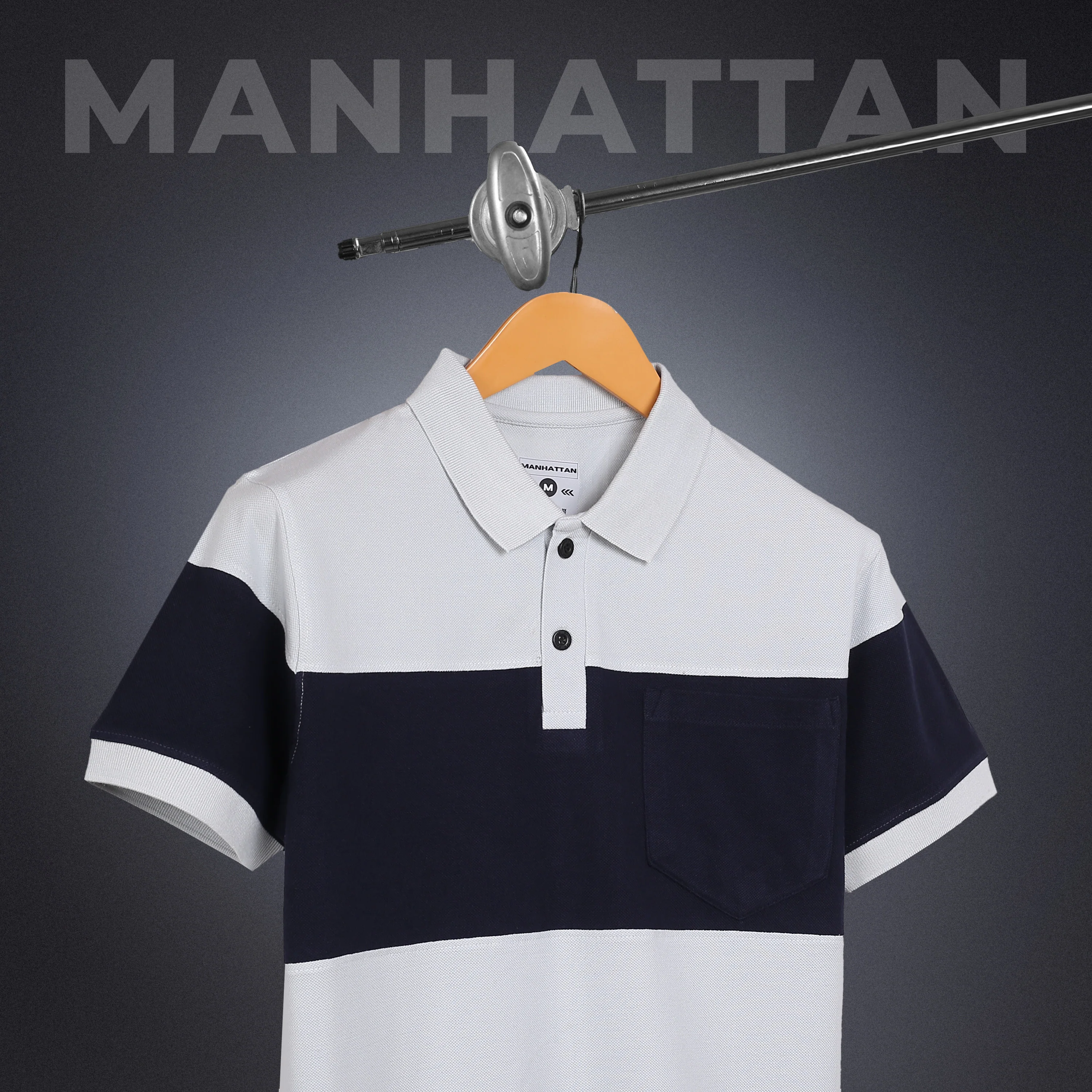 Pure Cotton Polo Pocket T shirts (Pearl Grey/Navy) Cut & Sew - Image 3