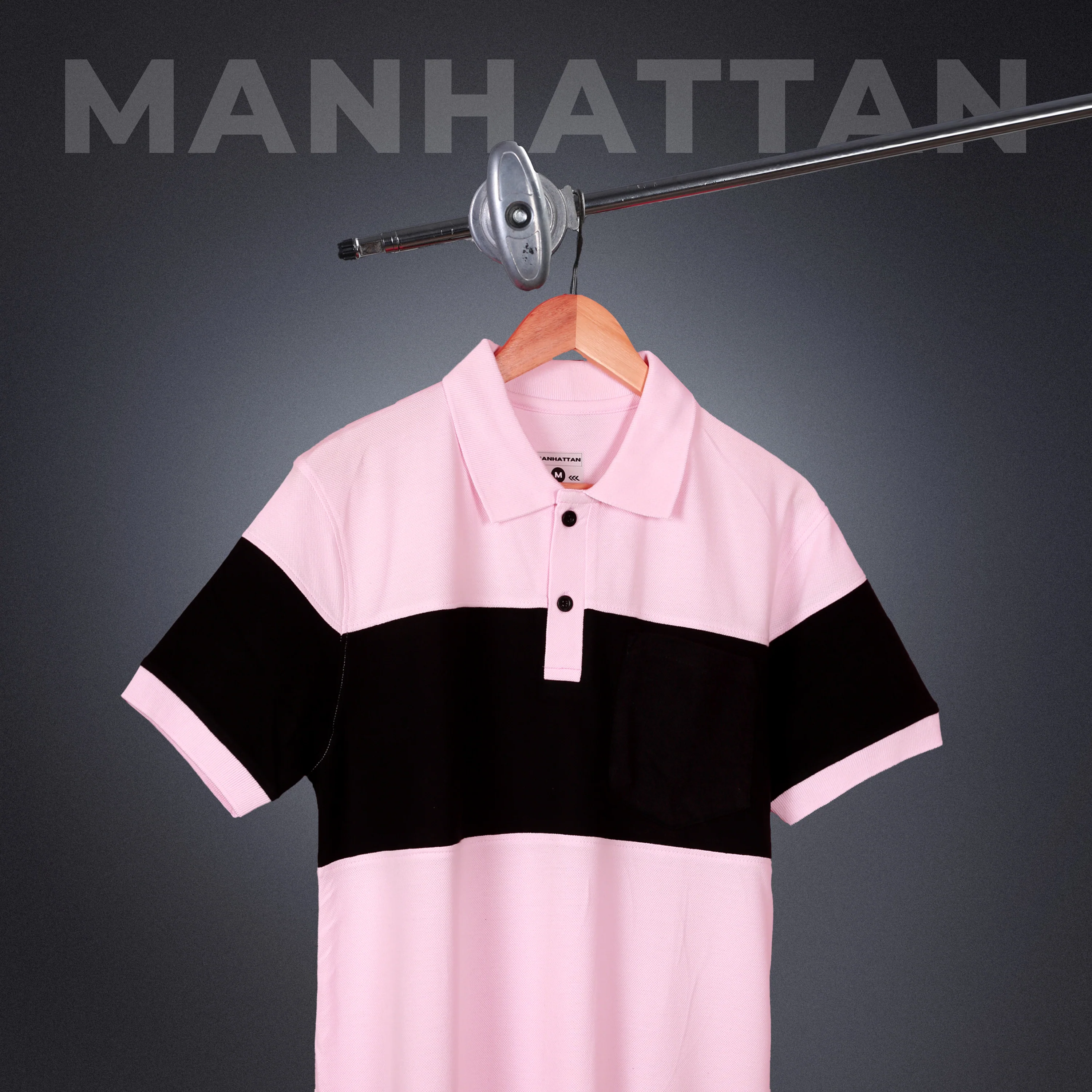 Pure Cotton Polo Pocket T shirts (Pink/Black) Cut & Sew - Image 3