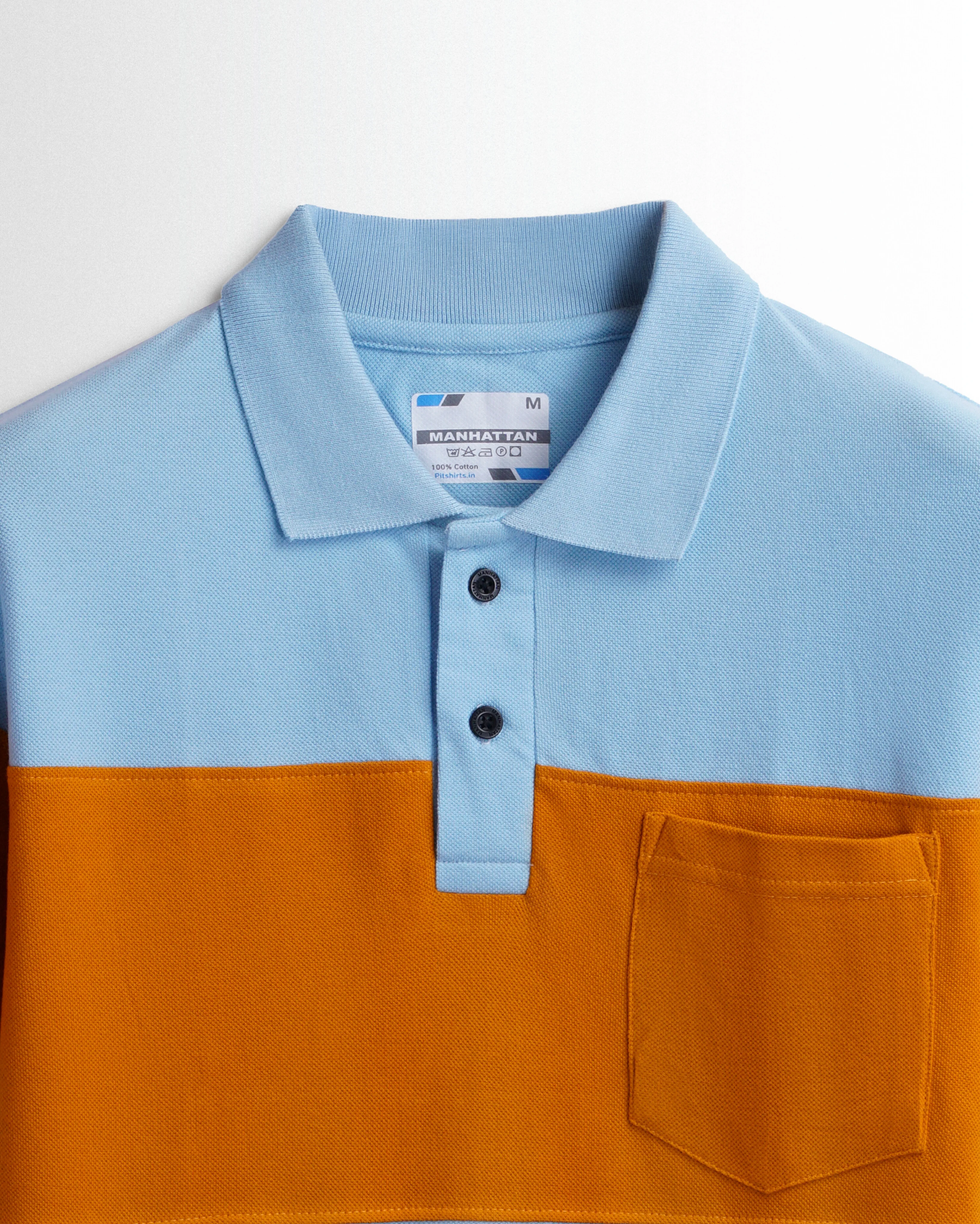 Pure Cotton Polo Pocket T shirts (Sky Blue/Mustard) Cut & Sew - Image 2