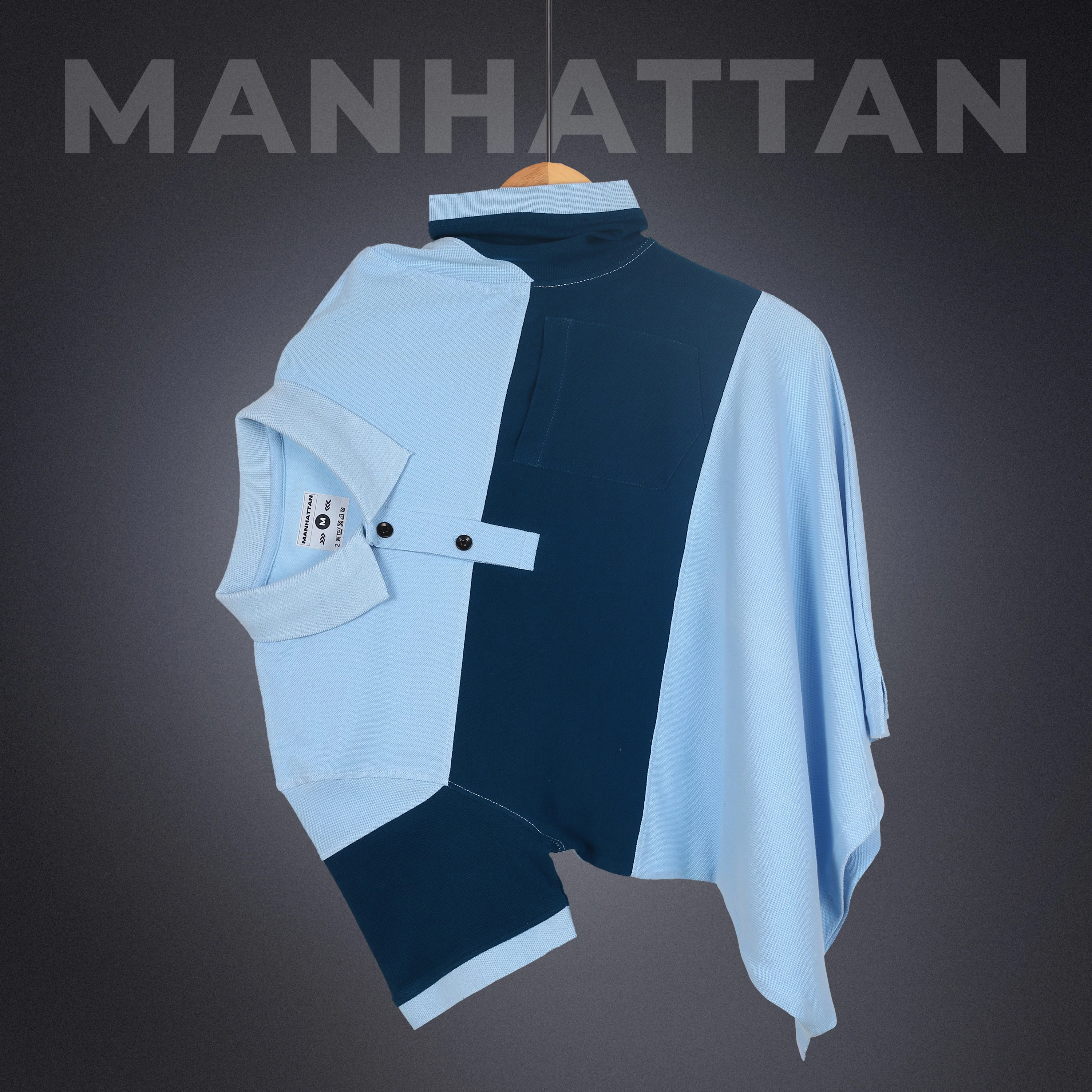 Pure Cotton Polo Pocket T shirts (Sky Blue/Teal Green) Cut & Sew - Image 3