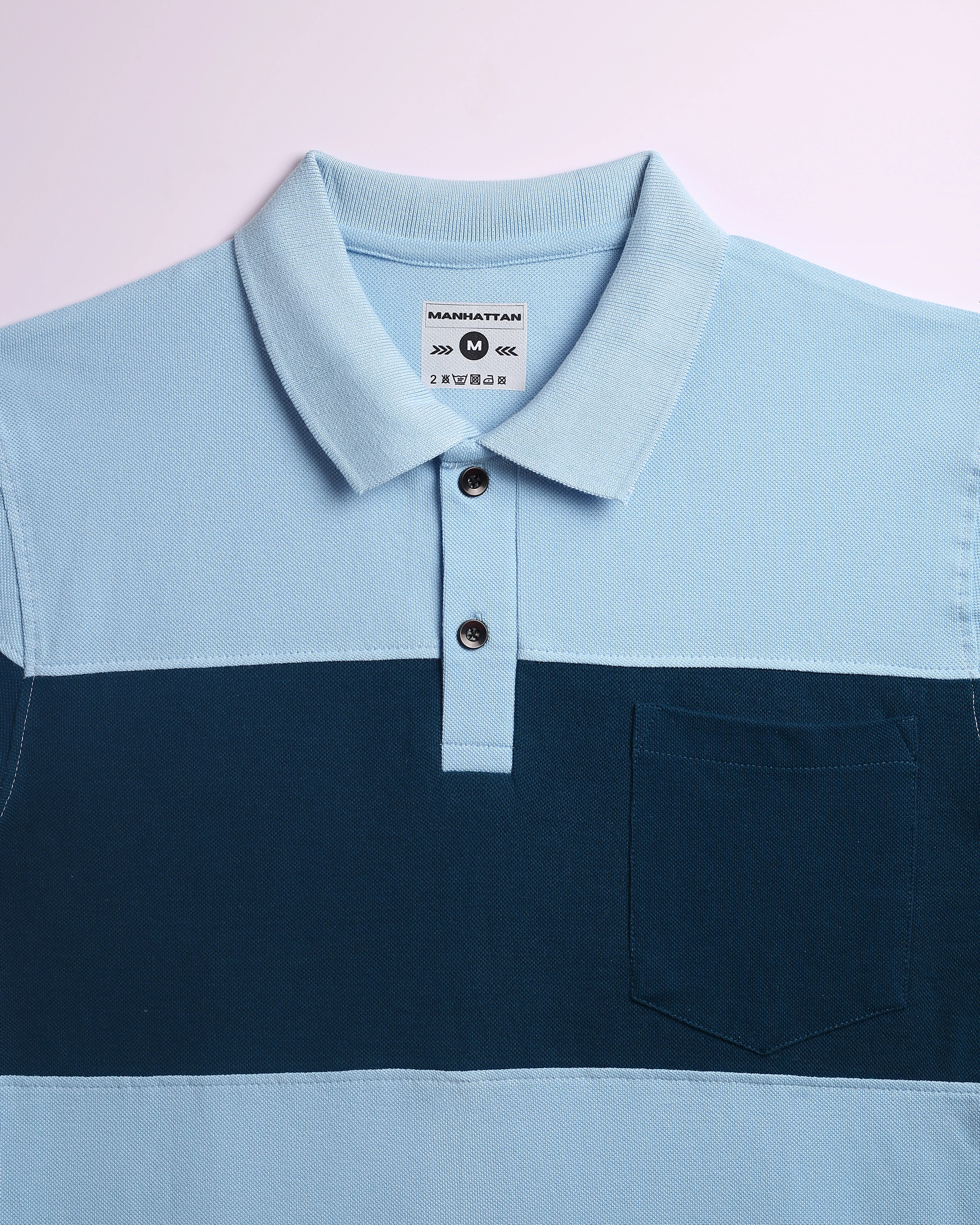 Pure Cotton Polo Pocket T shirts (Sky Blue/Teal Green) Cut & Sew - Image 4