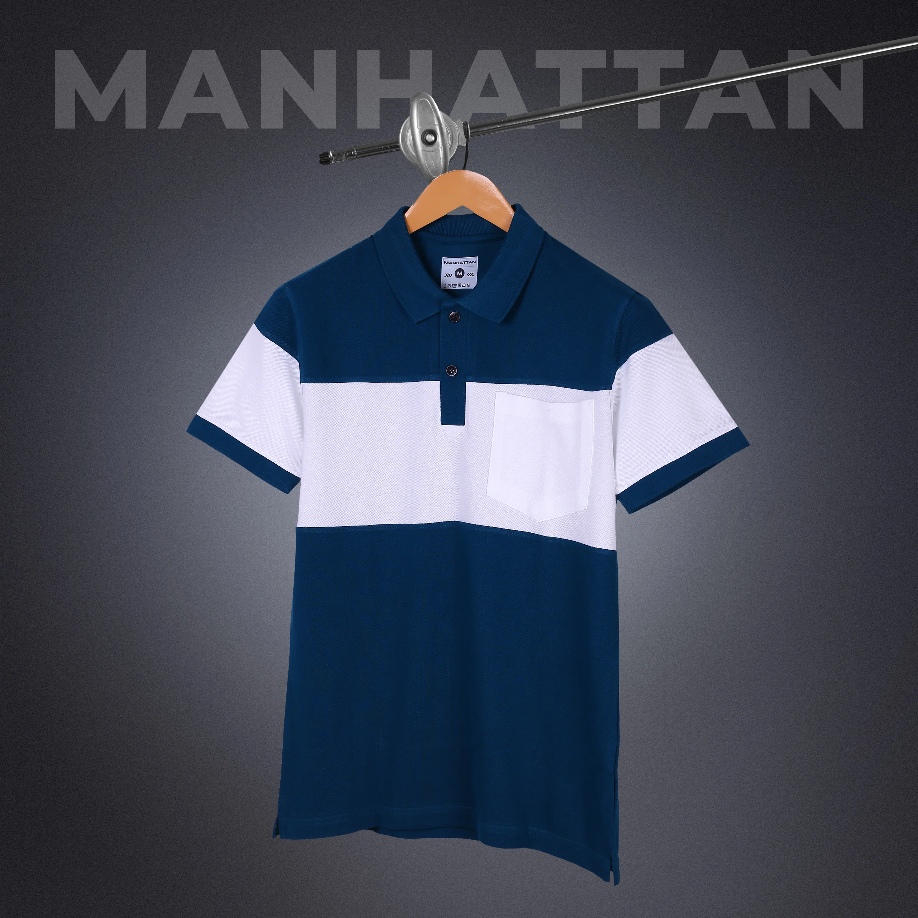 Pure Cotton Polo Pocket T shirts (White/Teal Blue) Cut & Sew - Image 2