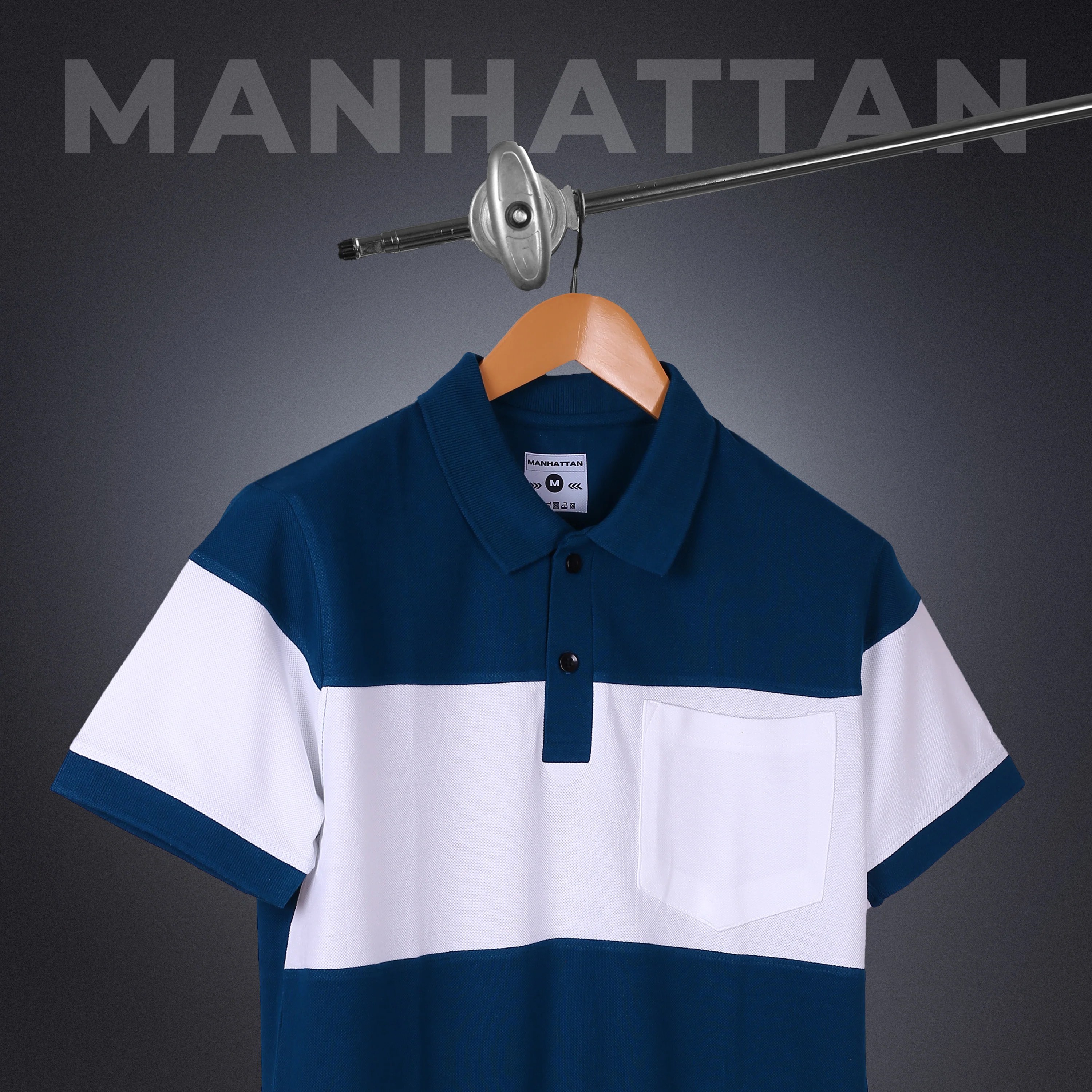 Pure Cotton Polo Pocket T shirts (White/Teal Blue) Cut & Sew - Image 3