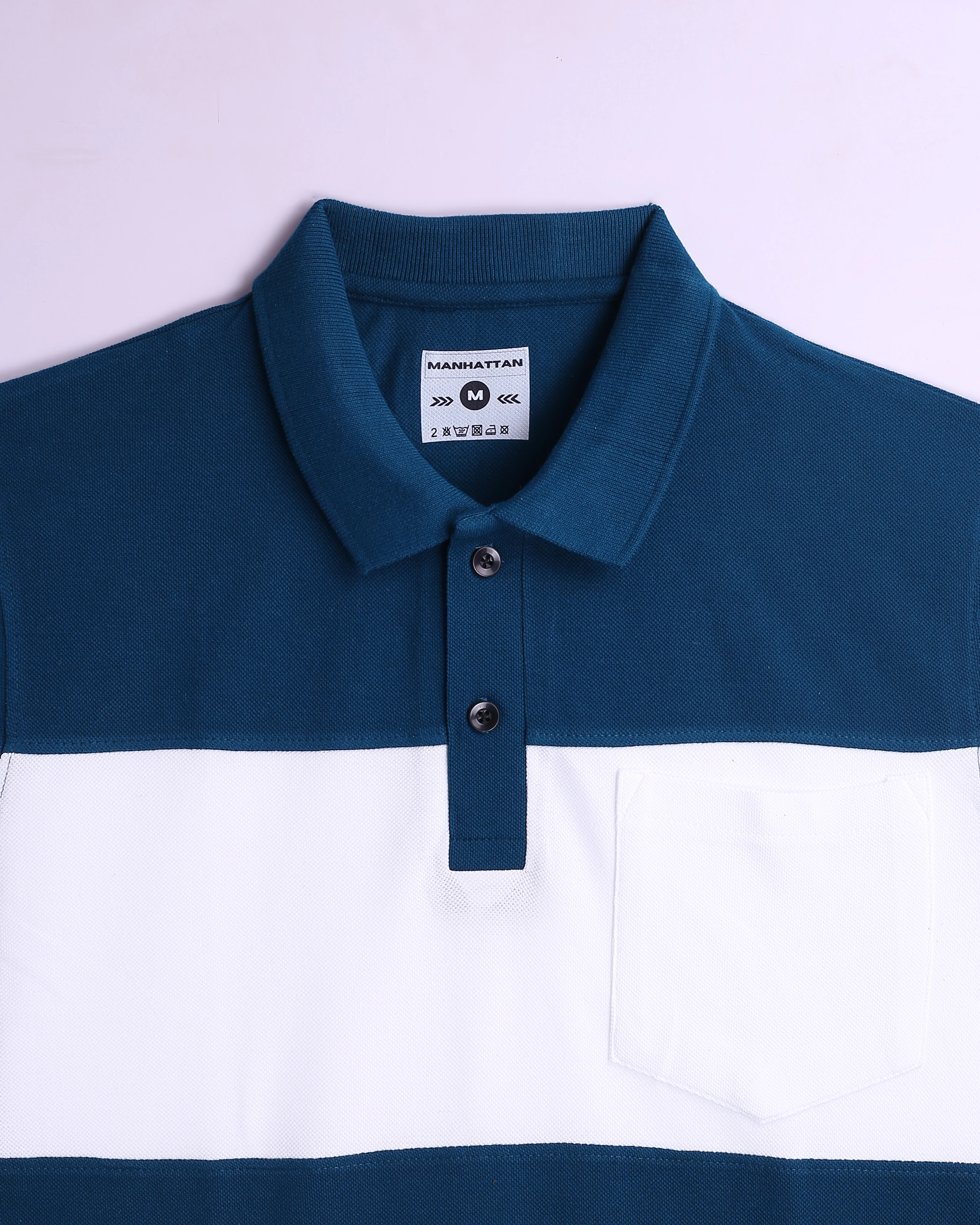 Pure Cotton Polo Pocket T shirts (White/Teal Blue) Cut & Sew - Image 4
