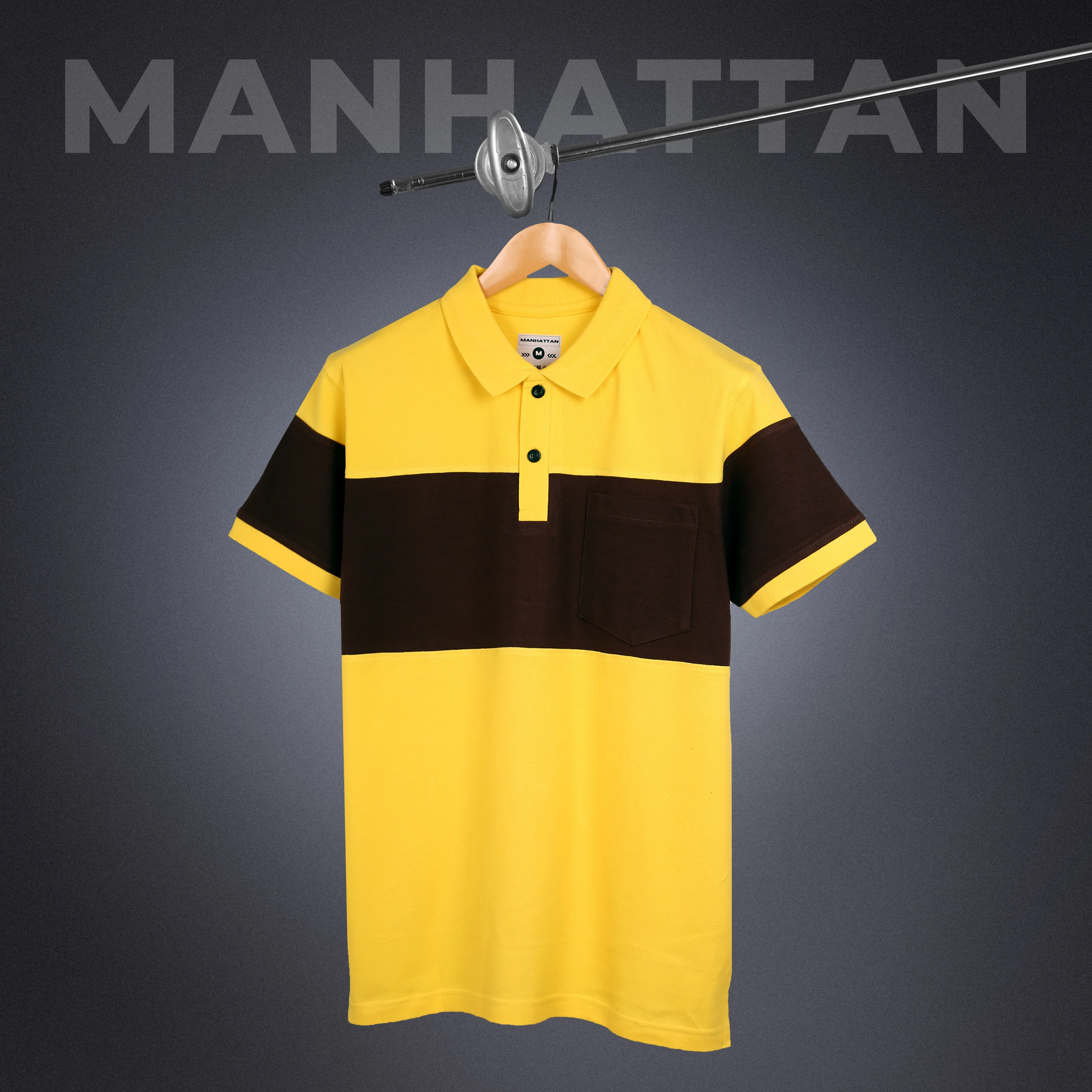 Pure Cotton Polo Pocket T shirts (Yellow/Coffee) Cut & Sew - Image 3