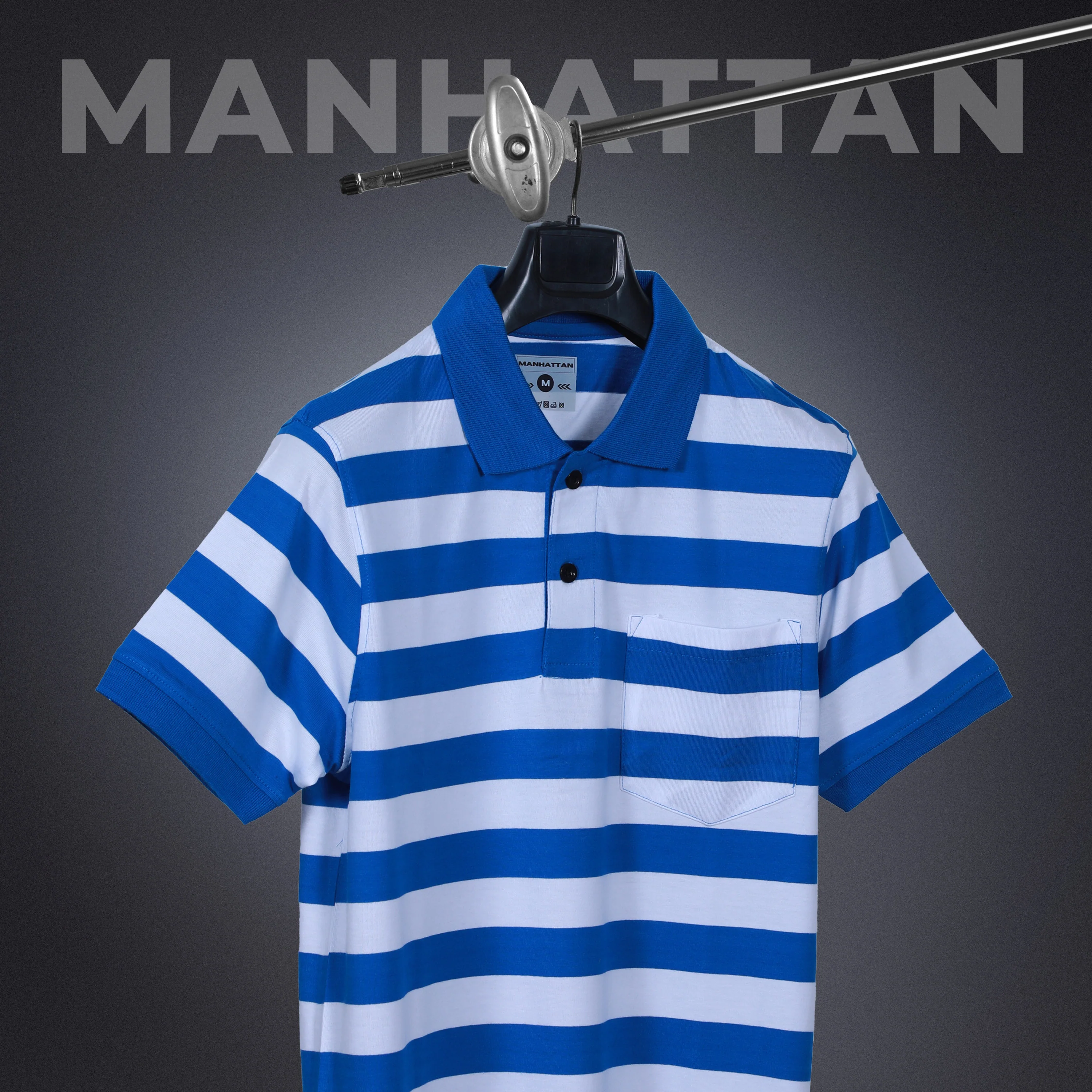 Premium Cotton Small Striped Polo Pocket (White/Blue Stripes) - Image 3