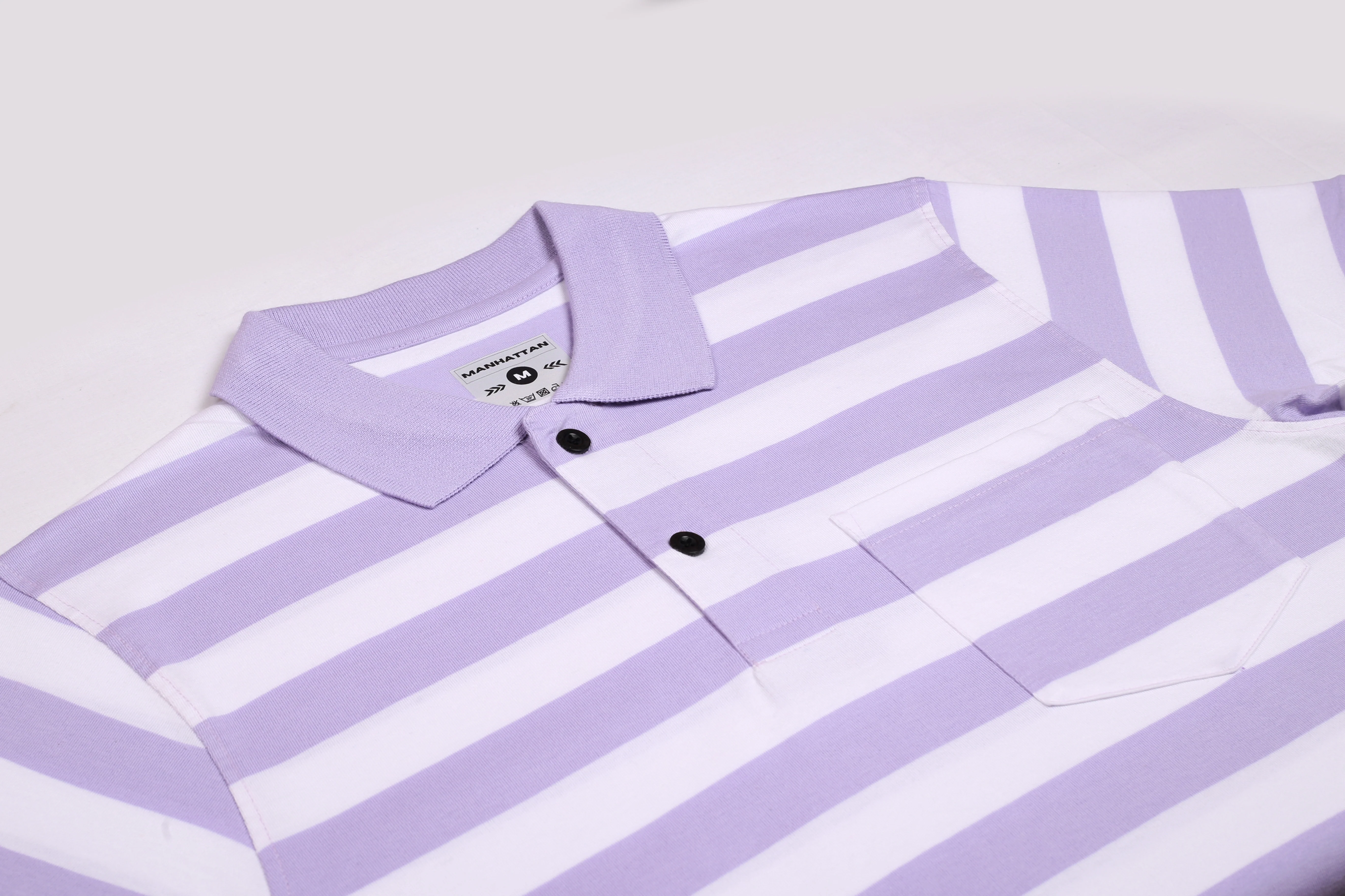 Premium Cotton Small Striped Polo Pocket (White/Lavender Stripes) - Image 3
