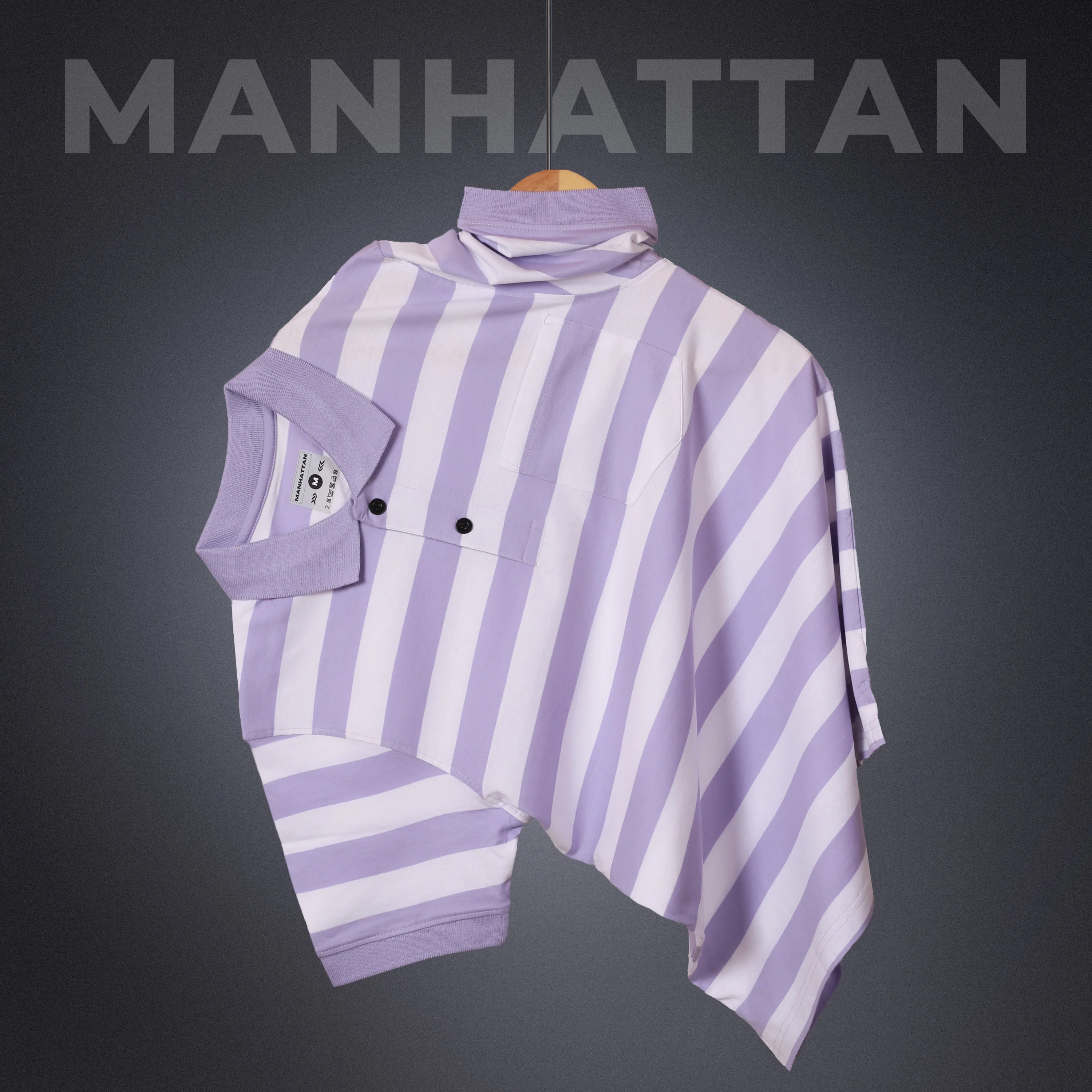 Premium Cotton Small Striped Polo Pocket (White/Lavender Stripes) - Image 4