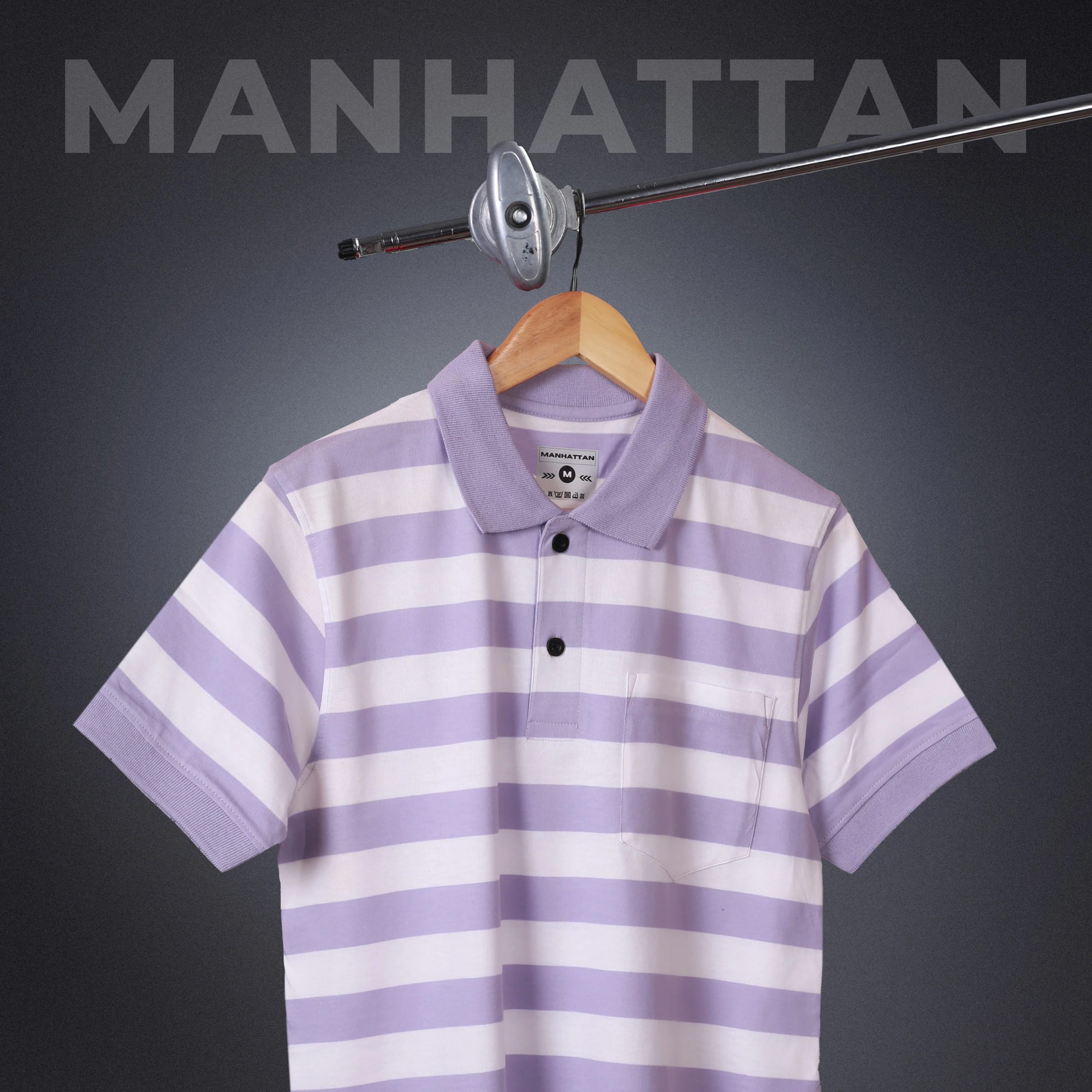 Premium Cotton Small Striped Polo Pocket (White/Lavender Stripes) - Image 5