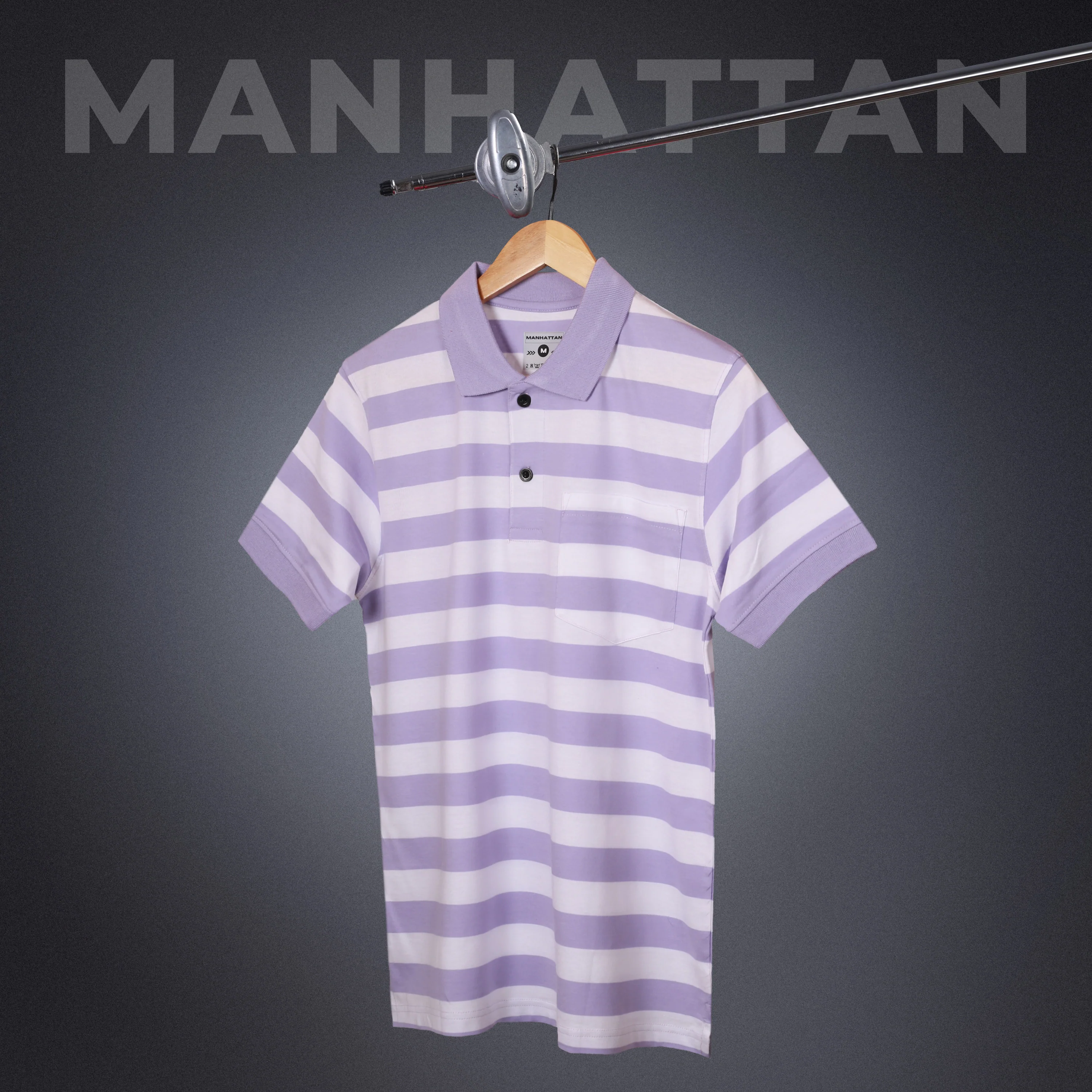 Premium Cotton Small Striped Polo Pocket (White/Lavender Stripes) - Image 6