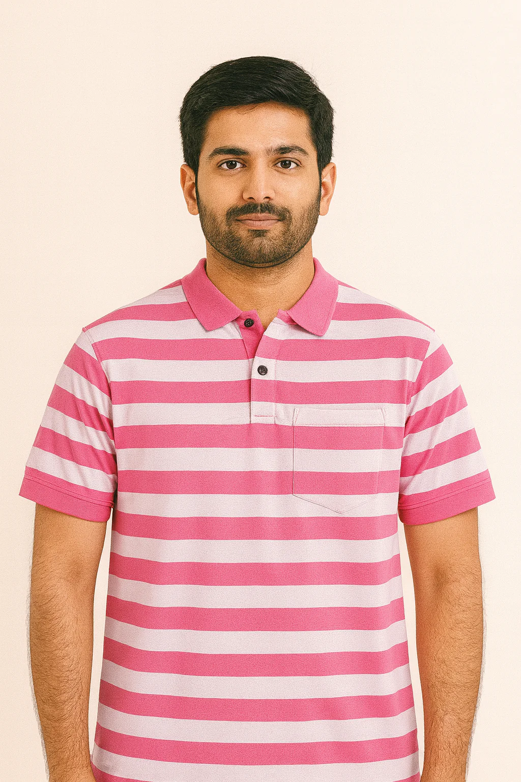 Premium Cotton Small Striped Polo Pocket (White/Pink Stripes) - Image 3