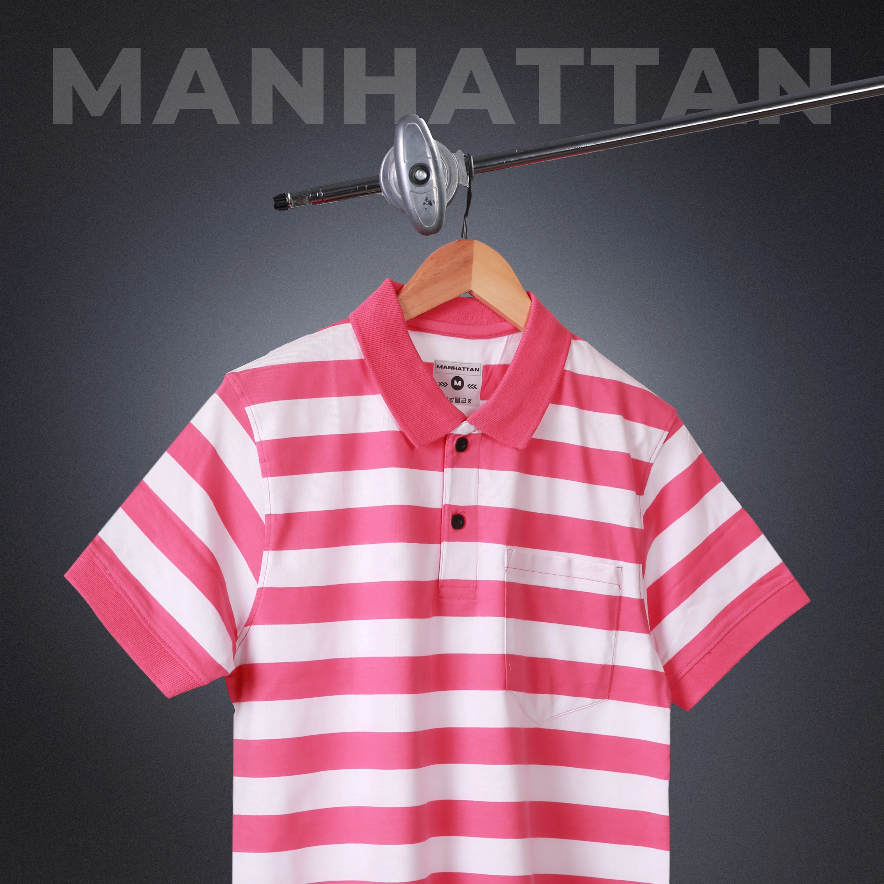Premium Cotton Small Striped Polo Pocket (White/Pink Stripes) - Image 4