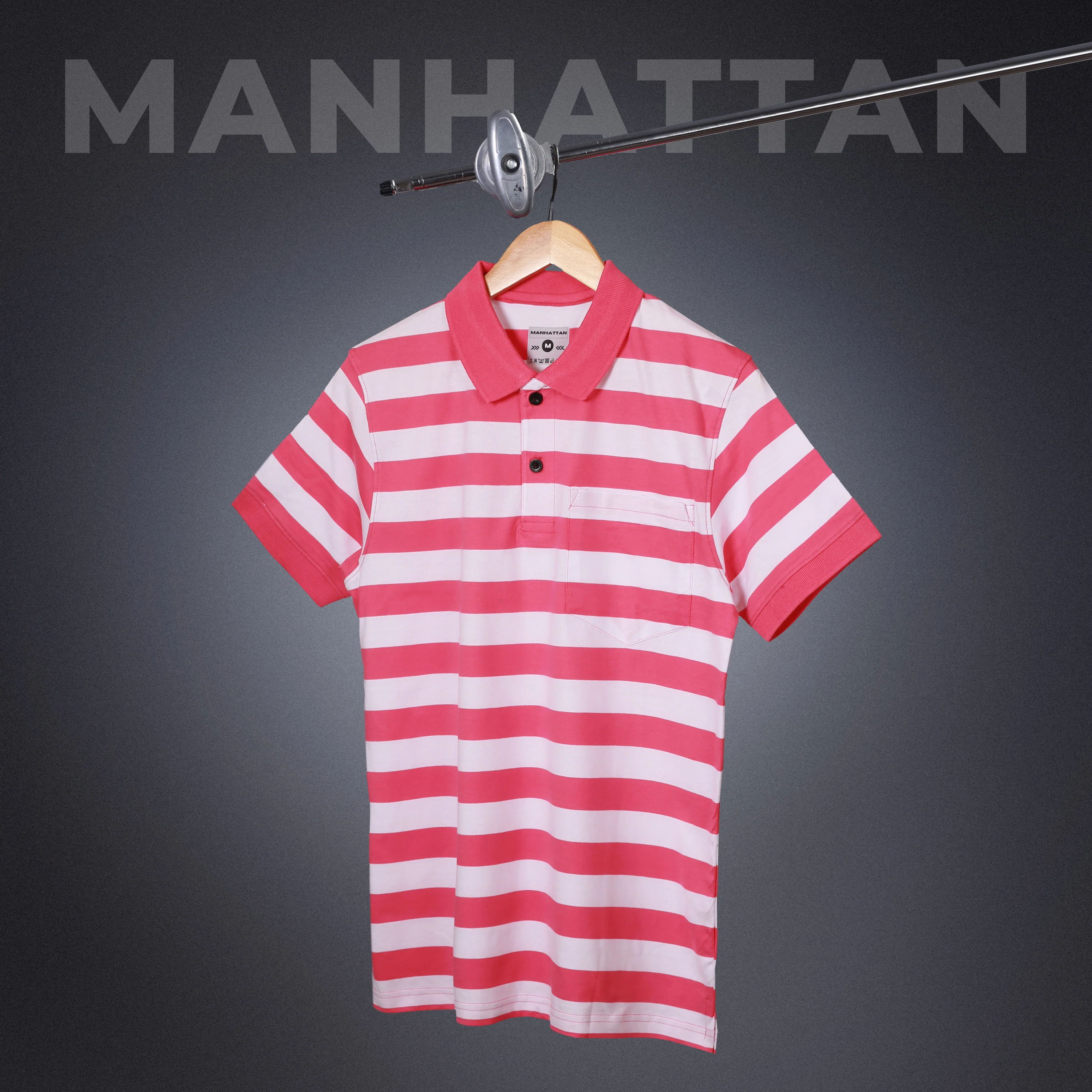 Premium Cotton Small Striped Polo Pocket (White/Pink Stripes) - Image 6