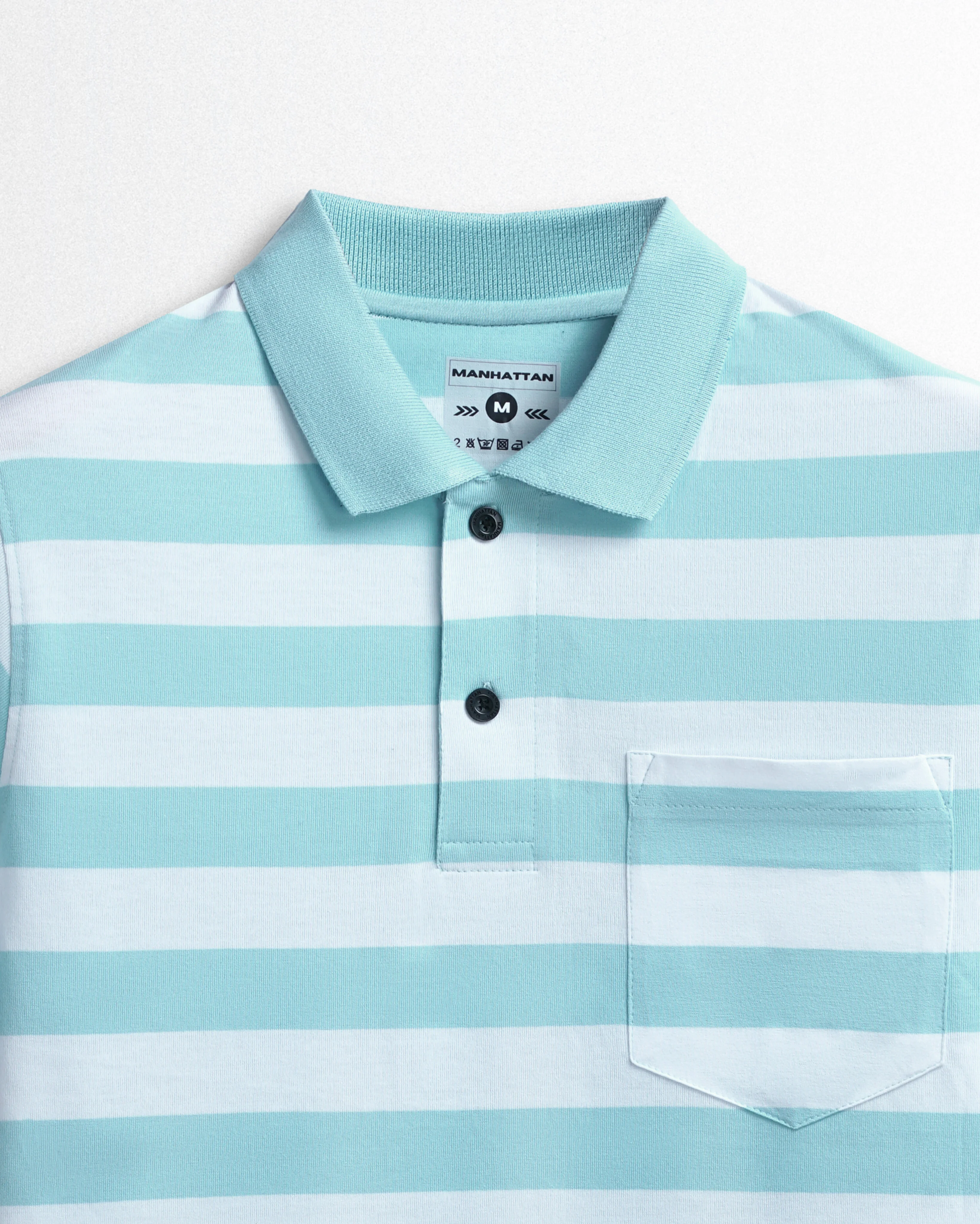 Pure Cotton Small Striped Polo Pocket (White/Sky Blue Stripes) - Image 2