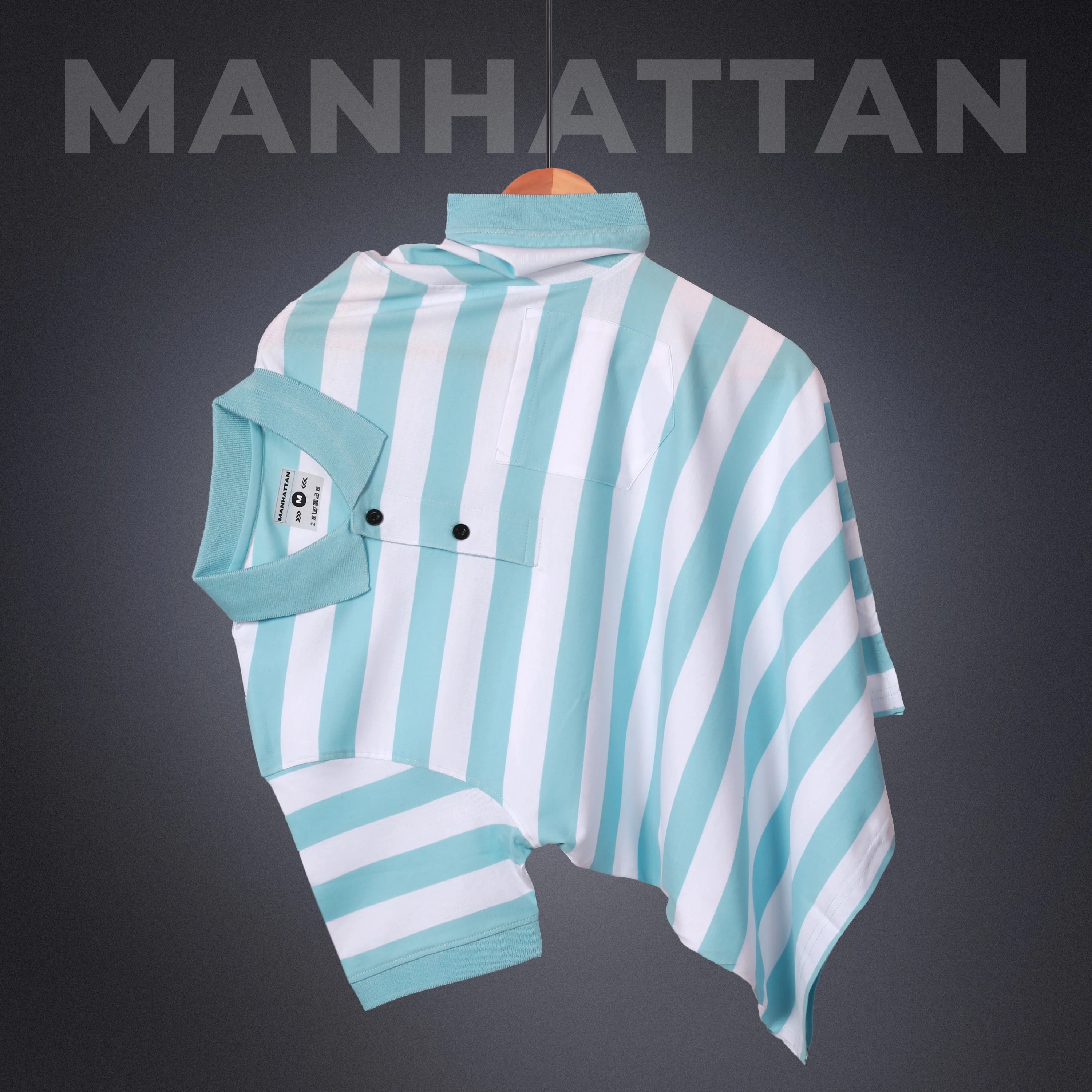 Pure Cotton Small Striped Polo Pocket (White/Sky Blue Stripes) - Image 3