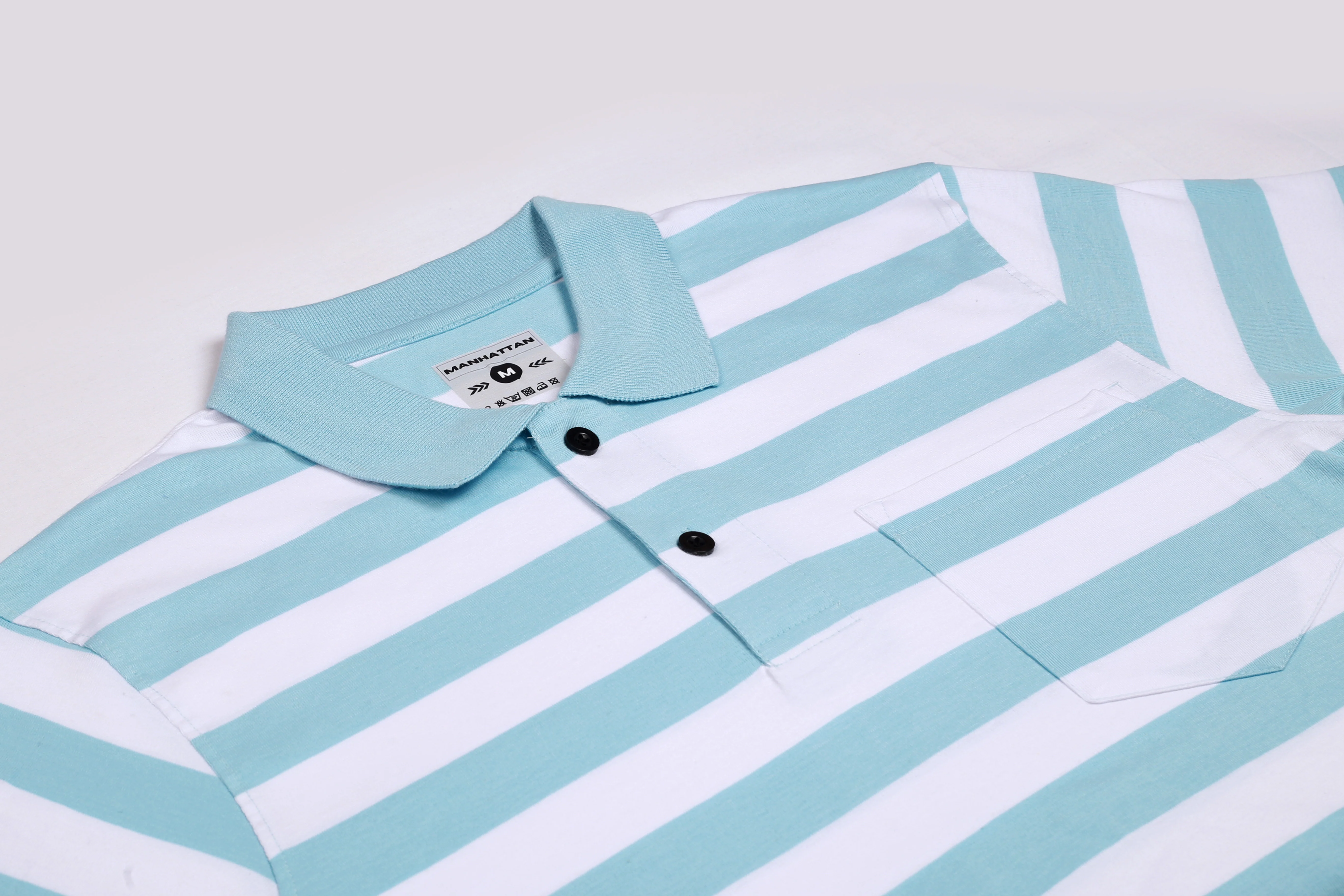 Pure Cotton Small Striped Polo Pocket (White/Sky Blue Stripes) - Image 4