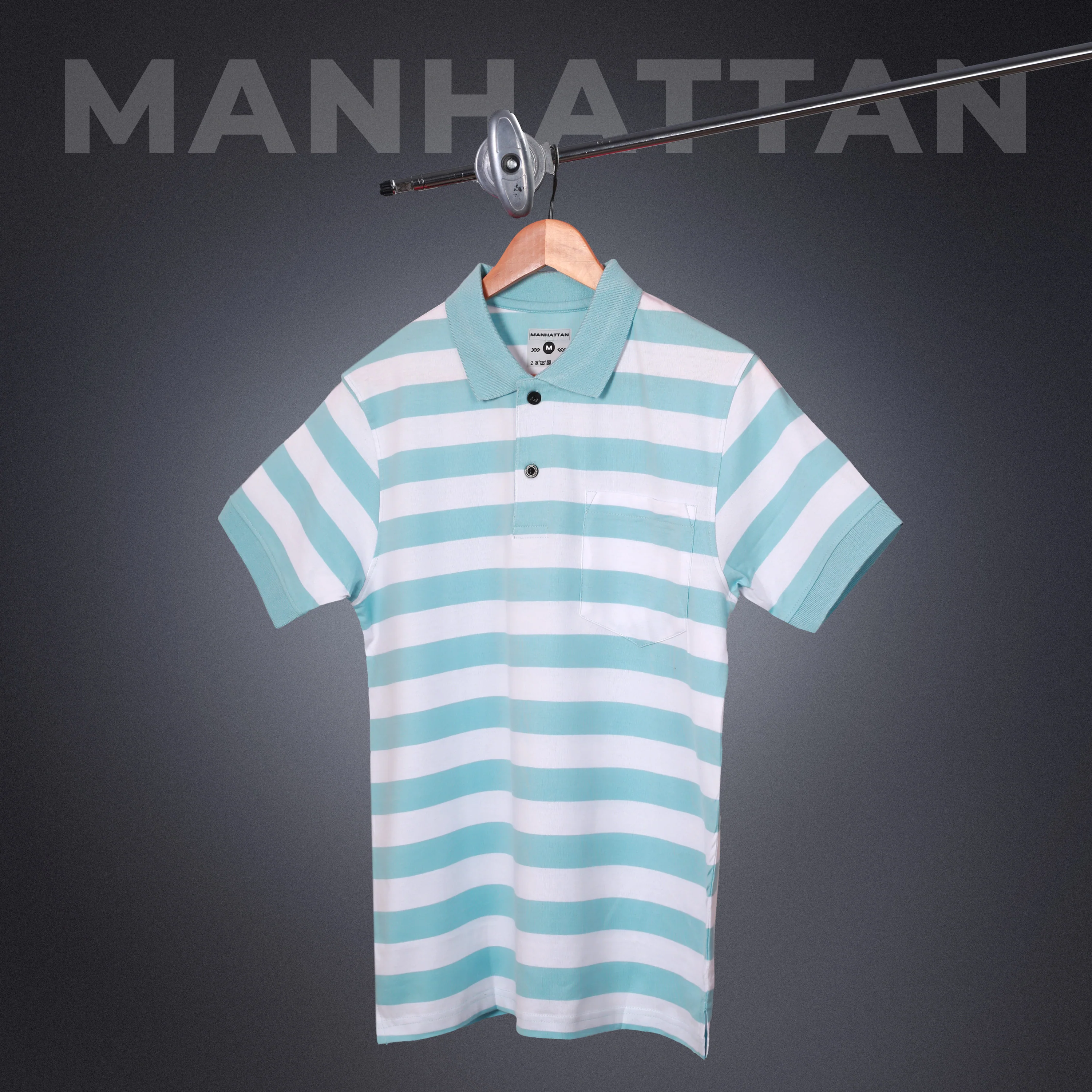 Pure Cotton Small Striped Polo Pocket (White/Sky Blue Stripes) - Image 5