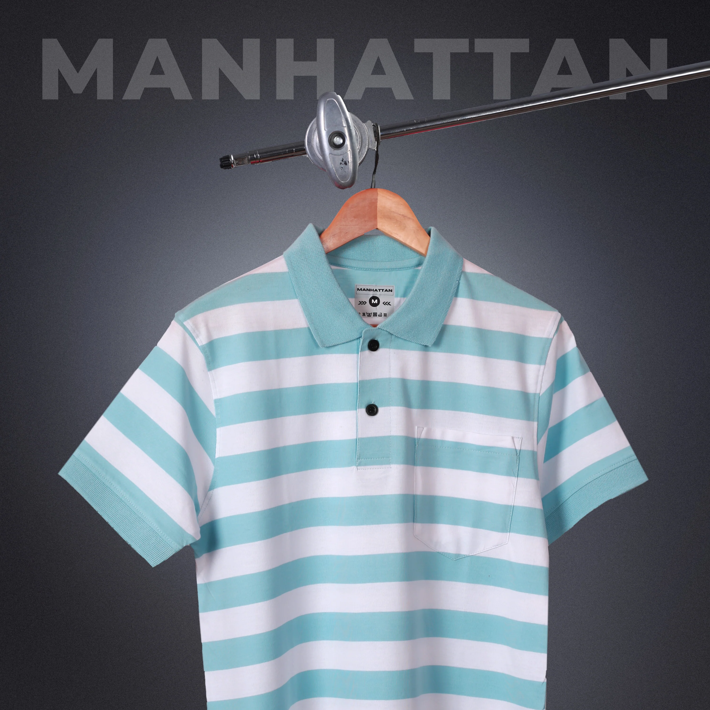 Pure Cotton Small Striped Polo Pocket (White/Sky Blue Stripes) - Image 6
