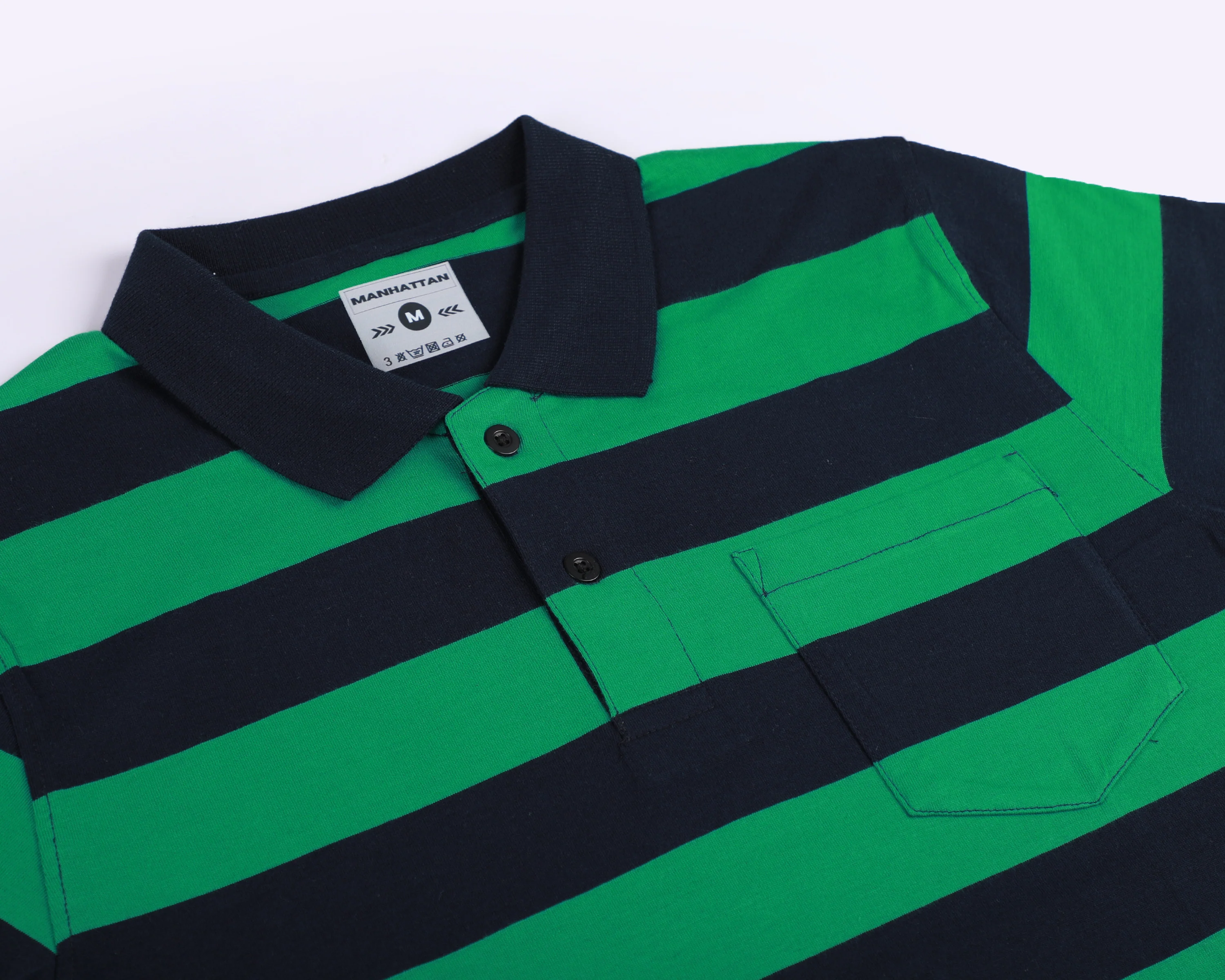 Pure Cotton Stripes Polo Pocket T Shirts (Green/Navy Stripes) - Image 2