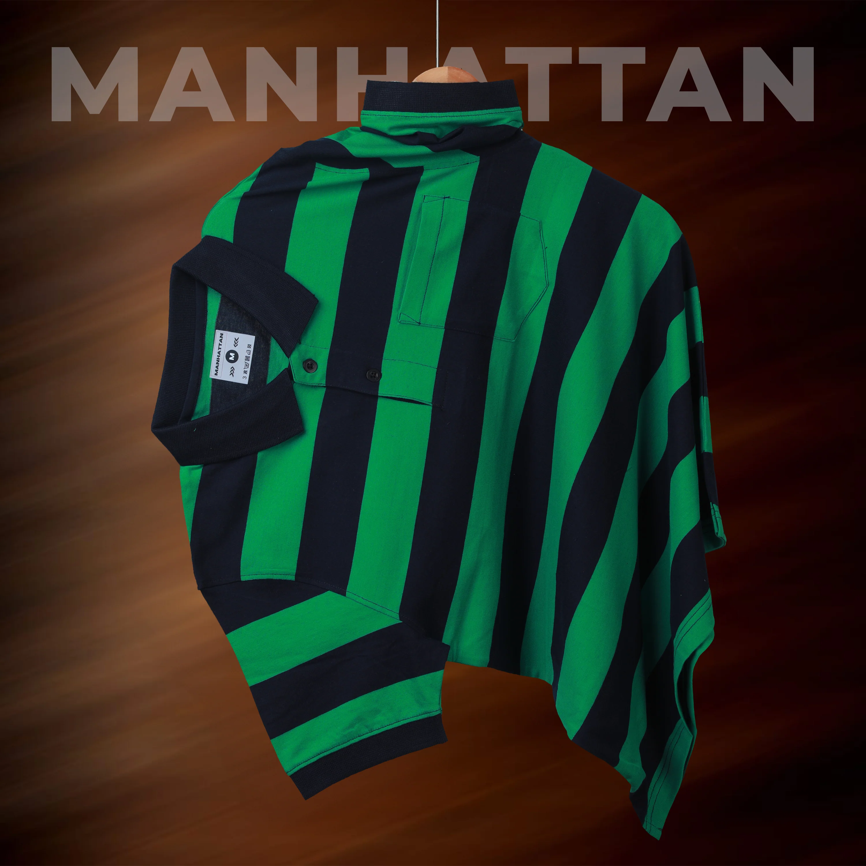Pure Cotton Stripes Polo Pocket T Shirts (Green/Navy Stripes) - Image 3
