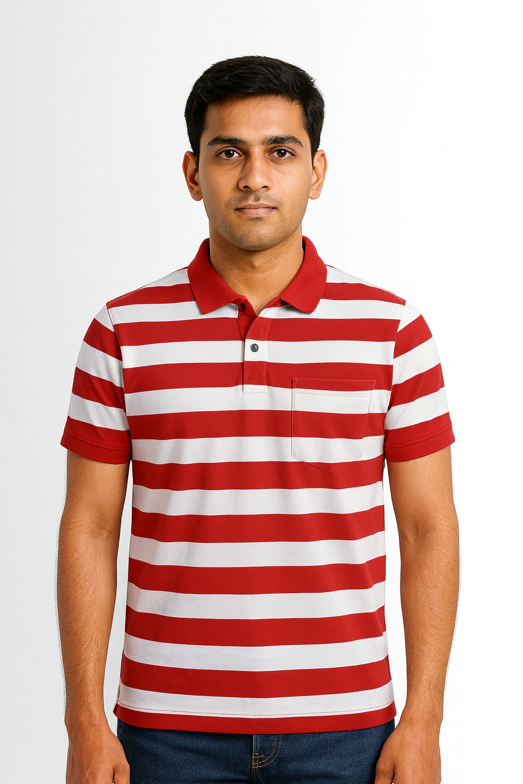 Premium Cotton Striped Polo Pocket (White/Red Stripes) - Image 4