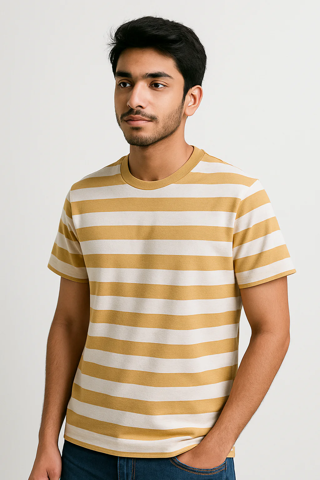 Premium Yarn Striped Cotton T-Shirts (White/ Beach) - Image 3