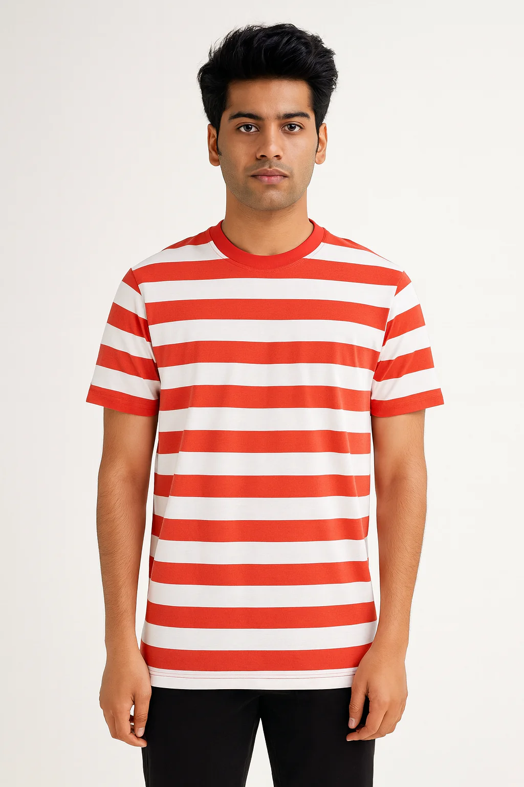 Premium Yarn Striped Cotton T-Shirts (White/ Red) - Image 3